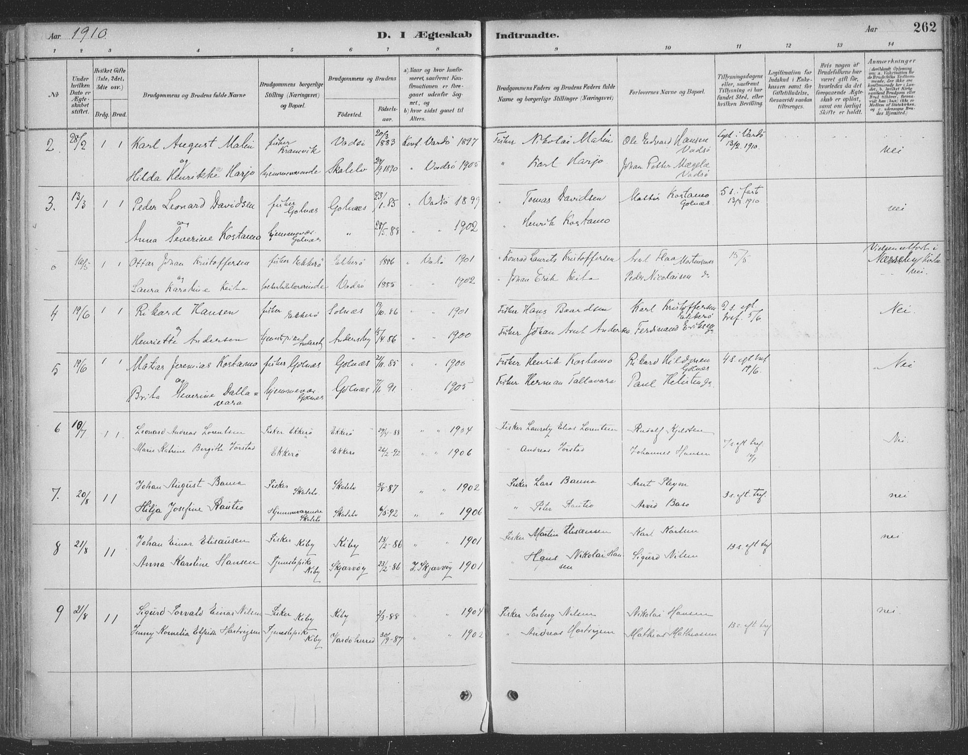Vadsø sokneprestkontor, SATØ/S-1325/H/Ha/L0009kirke: Parish register (official) no. 9, 1881-1917, p. 262