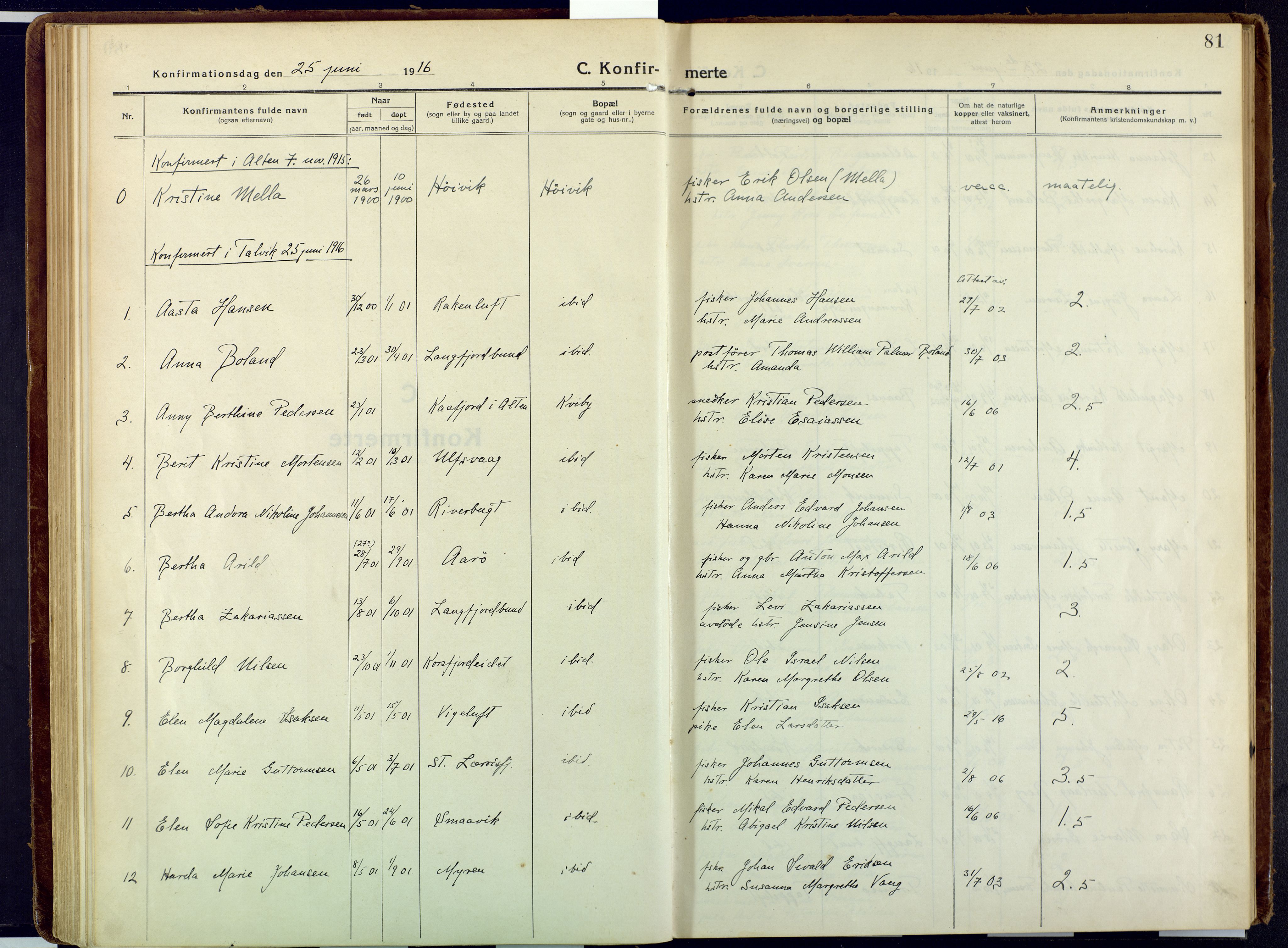 Talvik sokneprestkontor, AV/SATØ-S-1337/H/Ha/L0018kirke: Parish register (official) no. 18, 1915-1924, p. 81