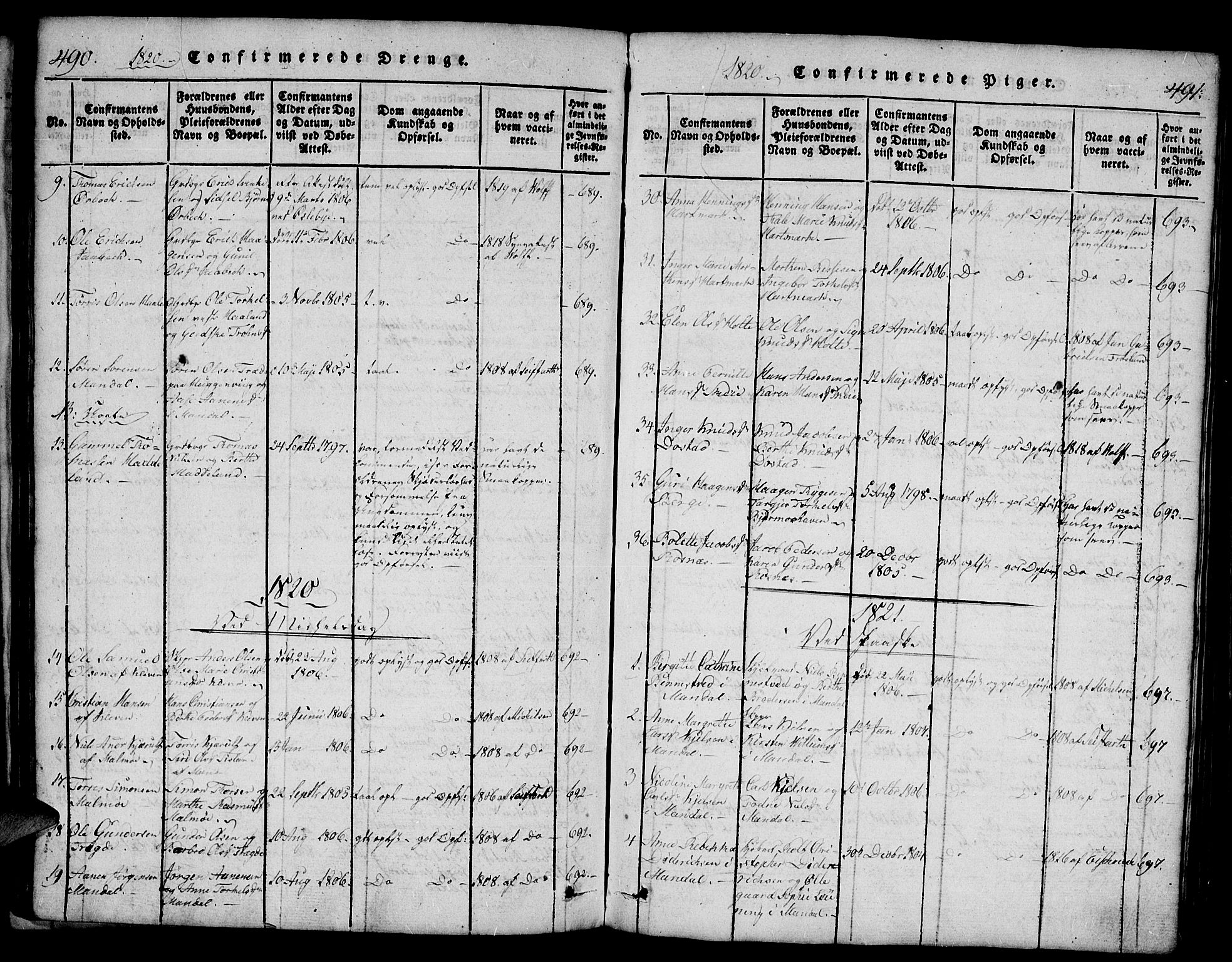 Mandal sokneprestkontor, SAK/1111-0030/F/Fb/Fba/L0001: Parish register (copy) no. B 1, 1818-1830, p. 490-491