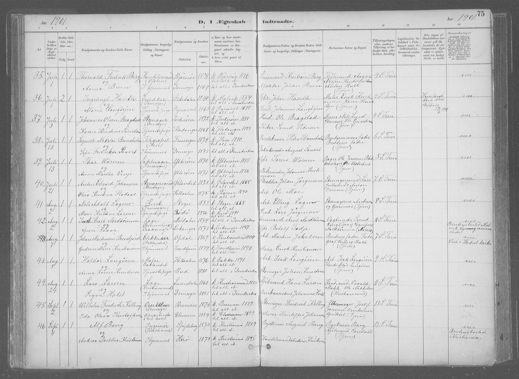 Ministerialprotokoller, klokkerbøker og fødselsregistre - Sør-Trøndelag, SAT/A-1456/601/L0064: Parish register (official) no. 601A31, 1891-1911, p. 75