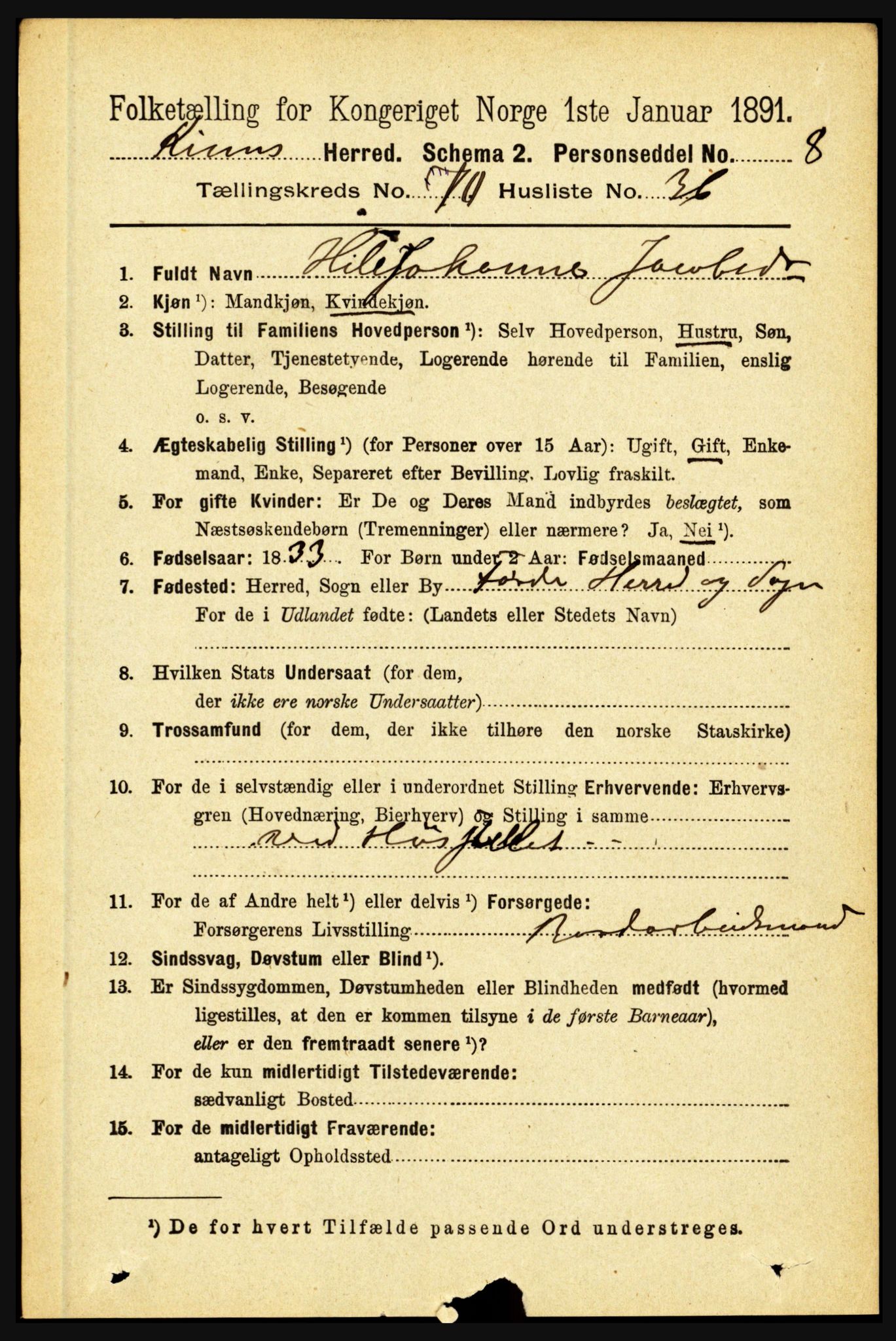 RA, 1891 census for 1437 Kinn, 1891, p. 3984