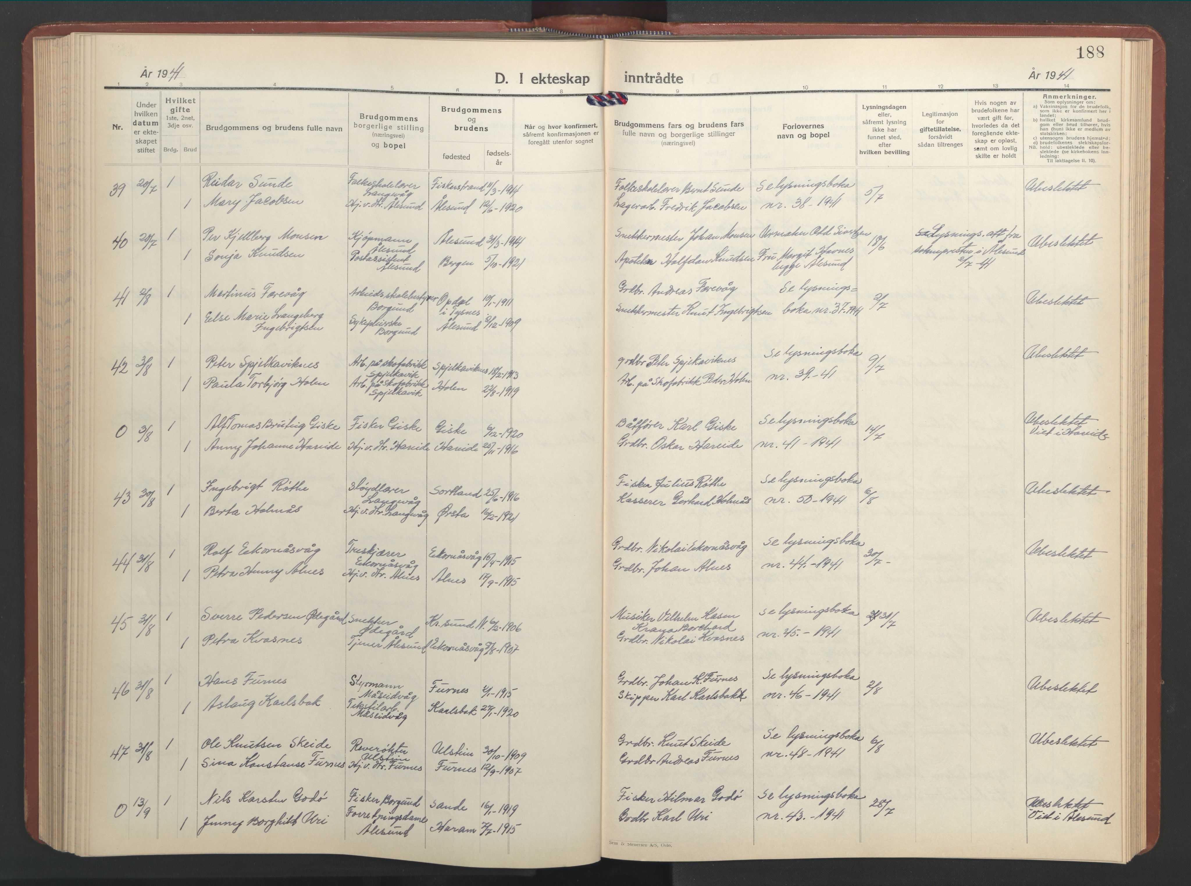 Ministerialprotokoller, klokkerbøker og fødselsregistre - Møre og Romsdal, SAT/A-1454/528/L0437: Parish register (copy) no. 528C18, 1939-1948, p. 188