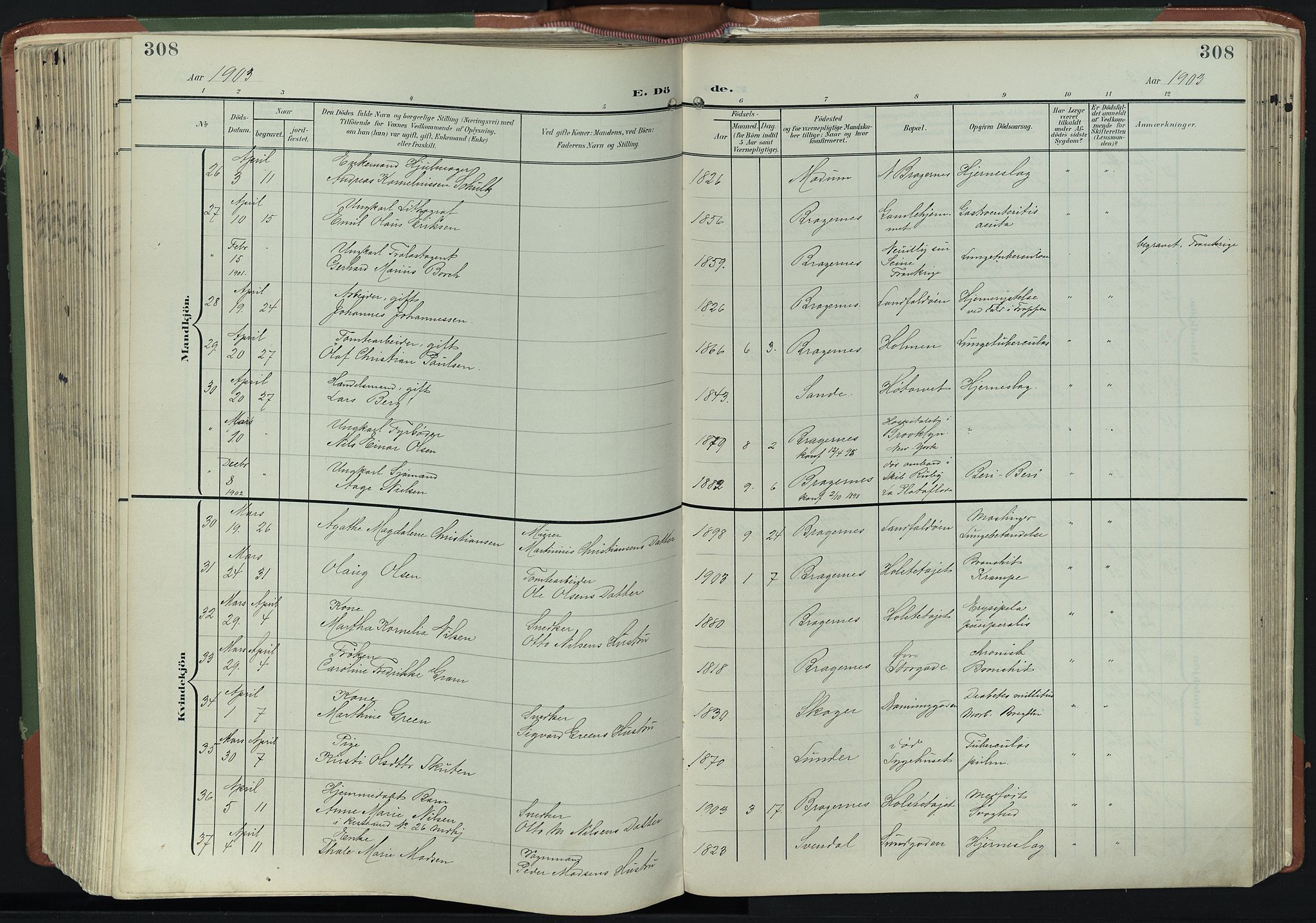 Bragernes kirkebøker, SAKO/A-6/F/Fb/L0009: Parish register (official) no. II 9, 1902-1911, p. 308