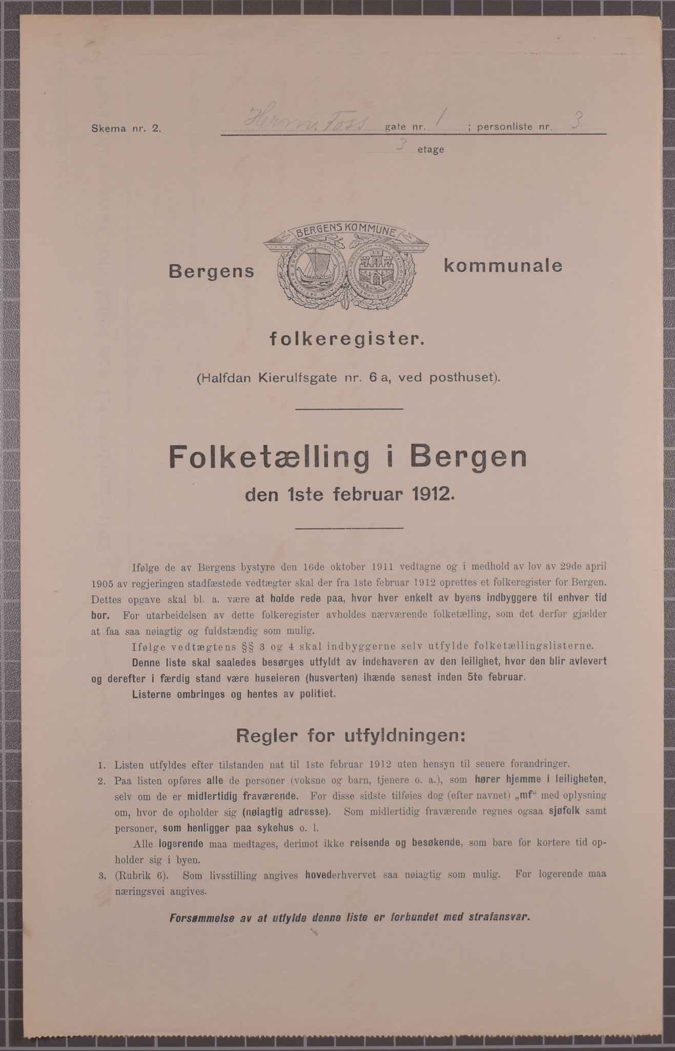 SAB, Municipal Census 1912 for Bergen, 1912, p. 2906