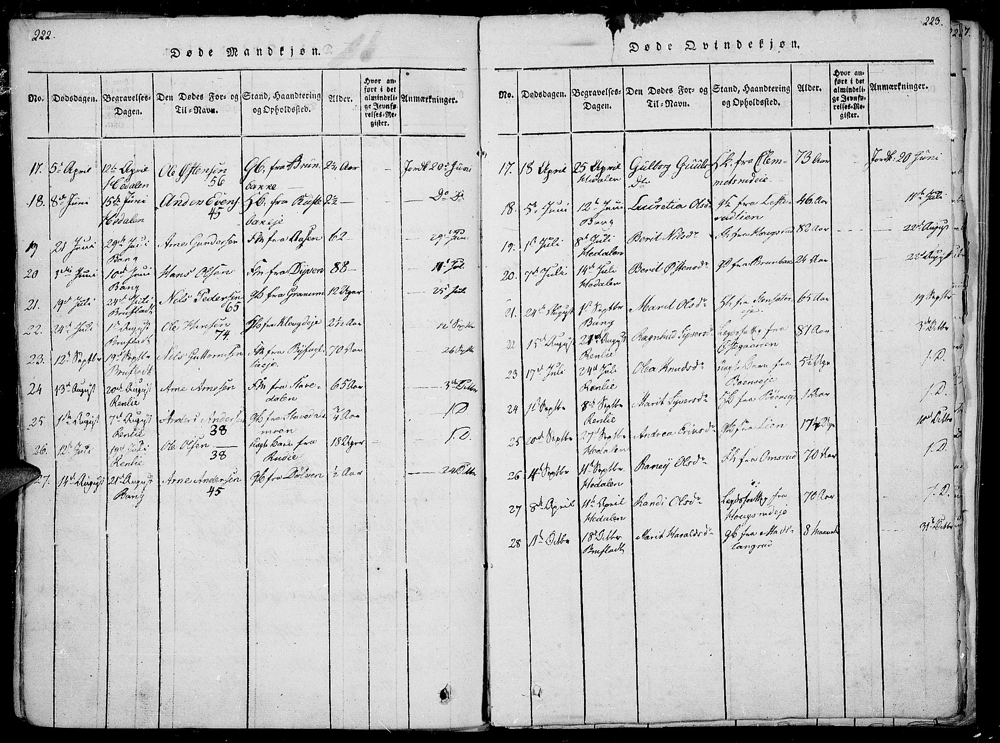 Sør-Aurdal prestekontor, SAH/PREST-128/H/Ha/Haa/L0002: Parish register (official) no. 2, 1815-1840, p. 222-223