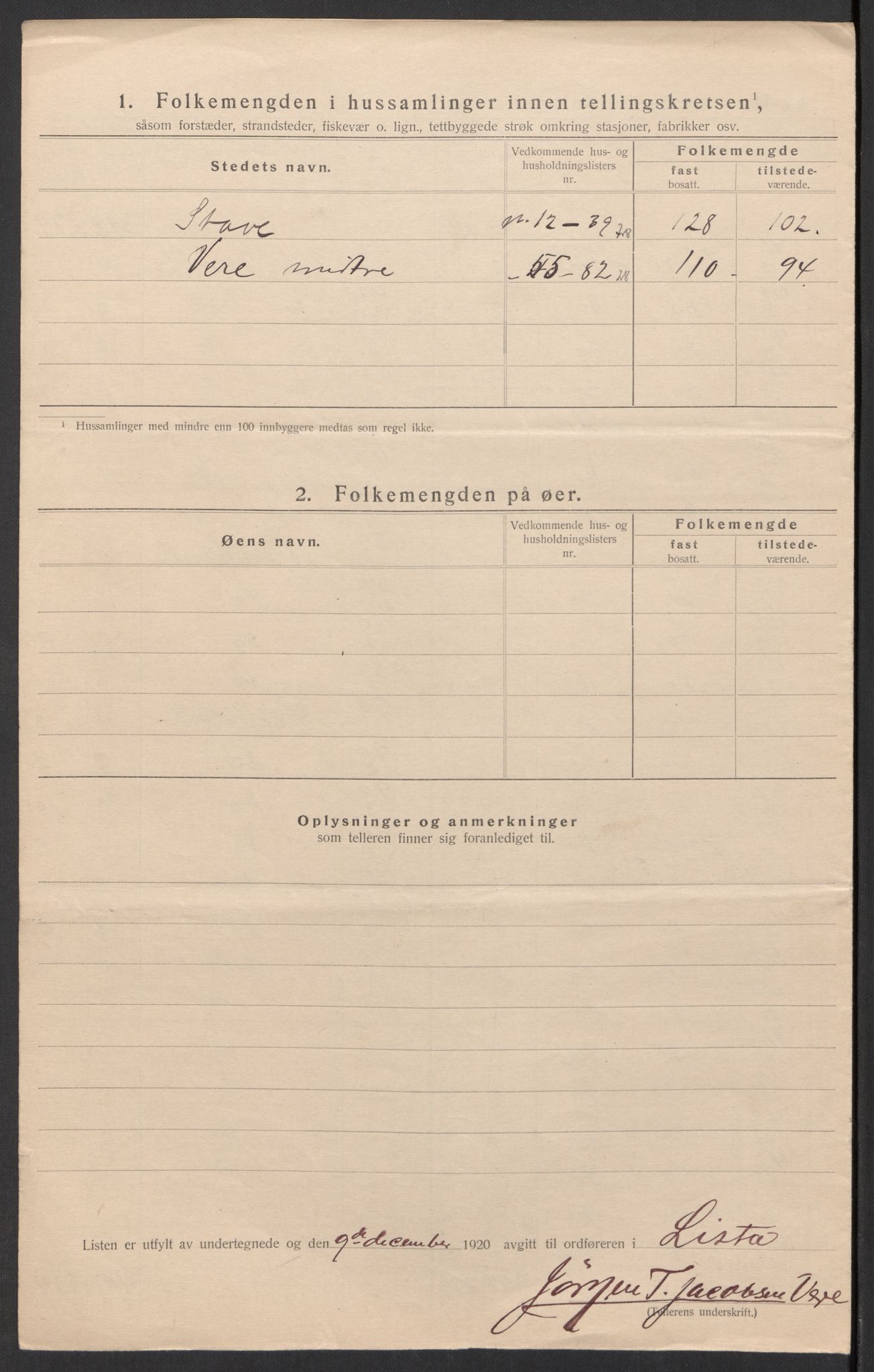 SAK, 1920 census for Lista, 1920, p. 47