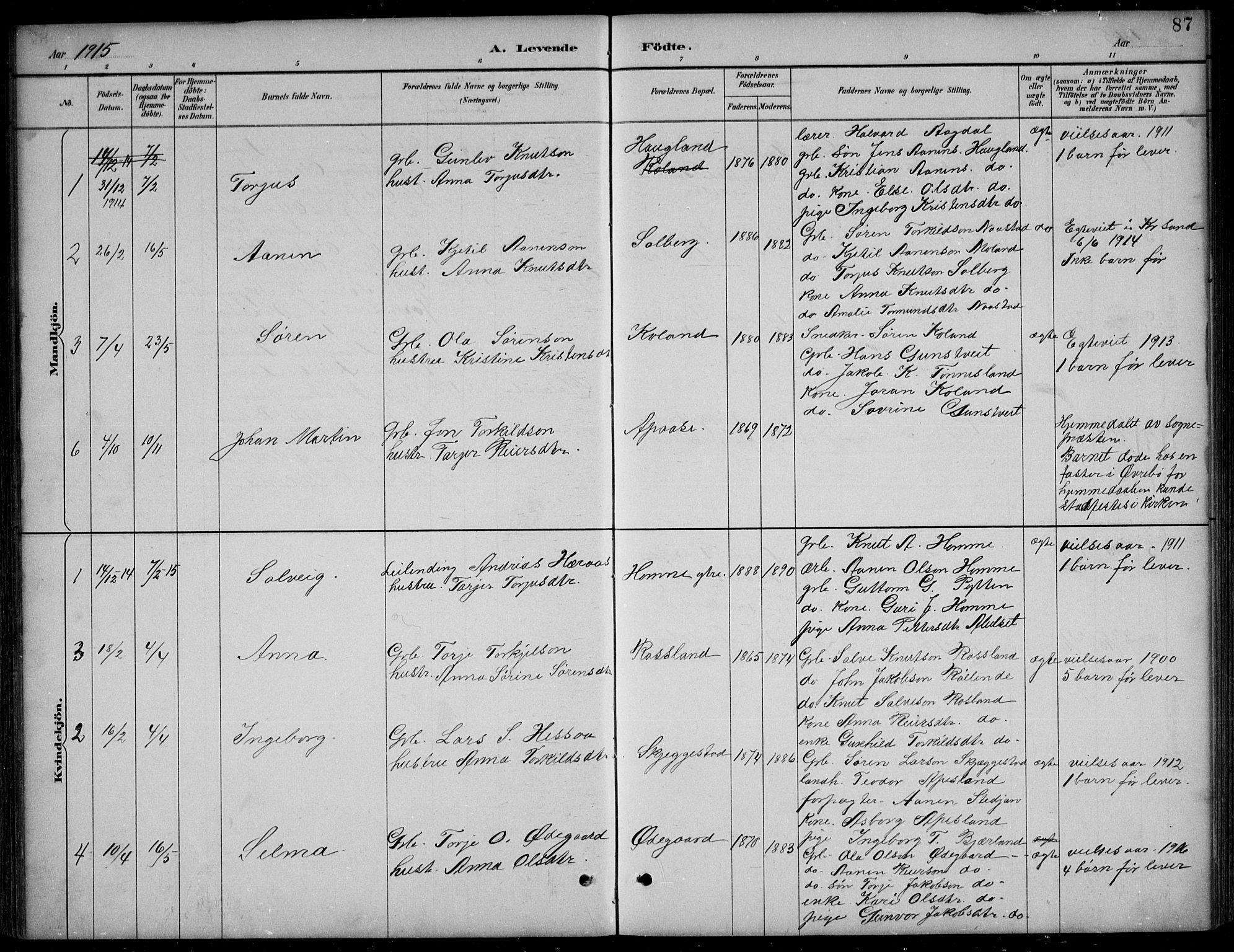 Bjelland sokneprestkontor, SAK/1111-0005/F/Fb/Fba/L0005: Parish register (copy) no. B 5, 1887-1923, p. 87