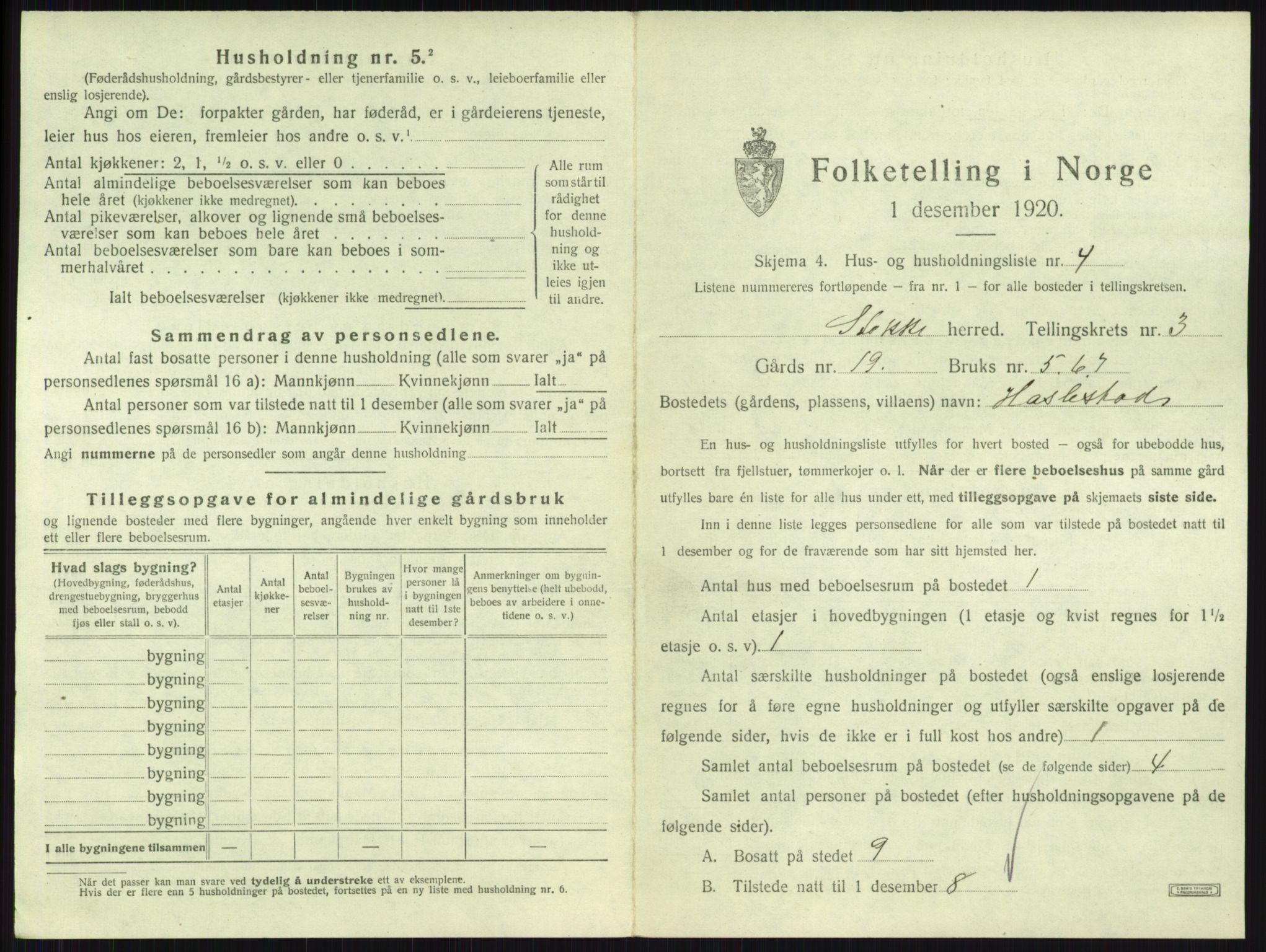 SAKO, 1920 census for Stokke, 1920, p. 481