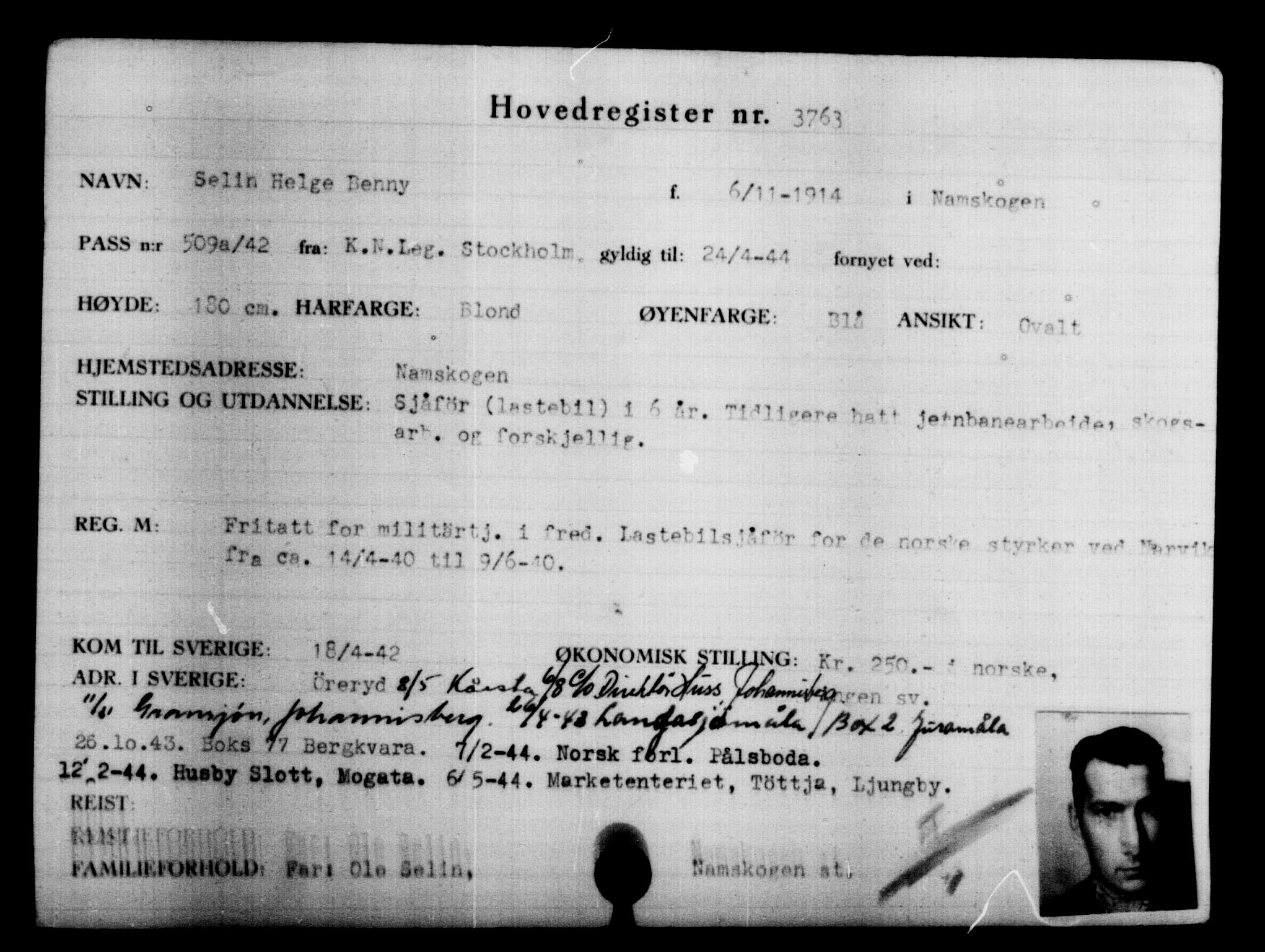 Utenriksstasjonene, Legasjonen i Stockholm, Flyktningkontoret, AV/RA-S-6753/V/Va/L0004: Kjesäterkartoteket, flyktninger med registreringsnr. 3496-6610, 1940-1945, p. 308