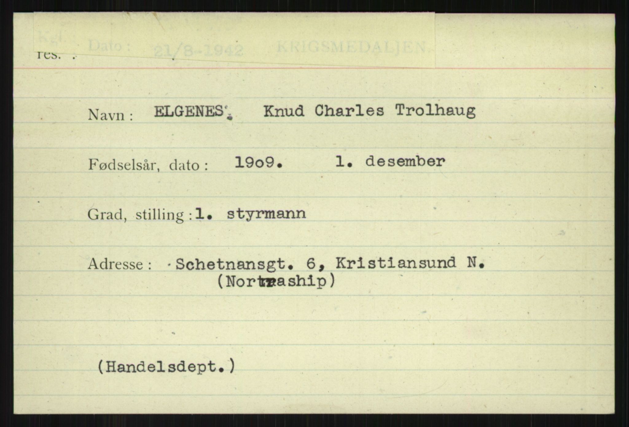 Direktoratet for sjømenn, AV/RA-S-3545/G/Gi/L0005: Alfabetisk ordnet kartotek over krigsdekorasjoner tildelt nordmenn under krigen, Ekeberg - Hendriksen, 1940-1945, p. 29