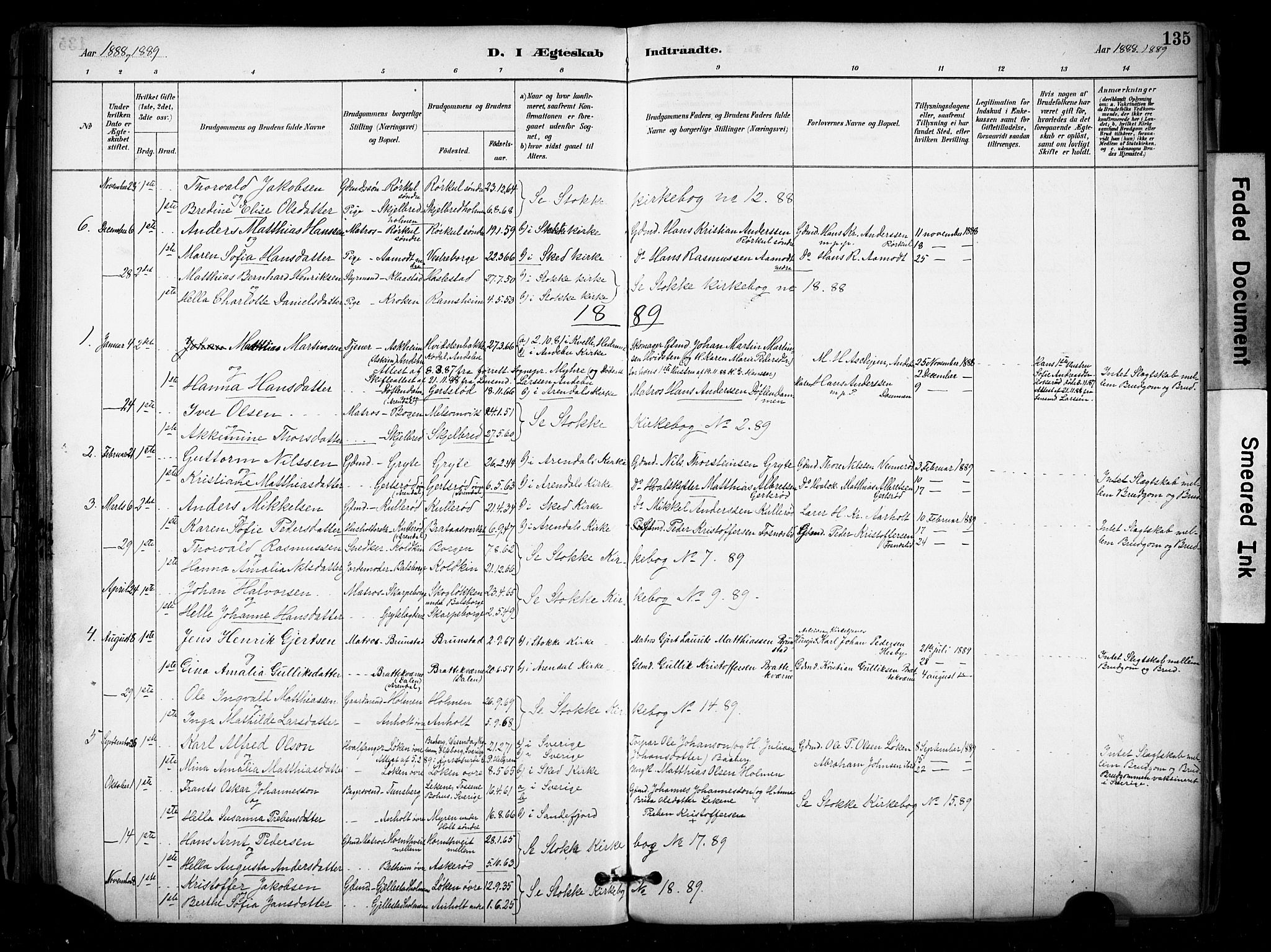 Stokke kirkebøker, AV/SAKO-A-320/F/Fb/L0001: Parish register (official) no. II 1, 1884-1910, p. 135