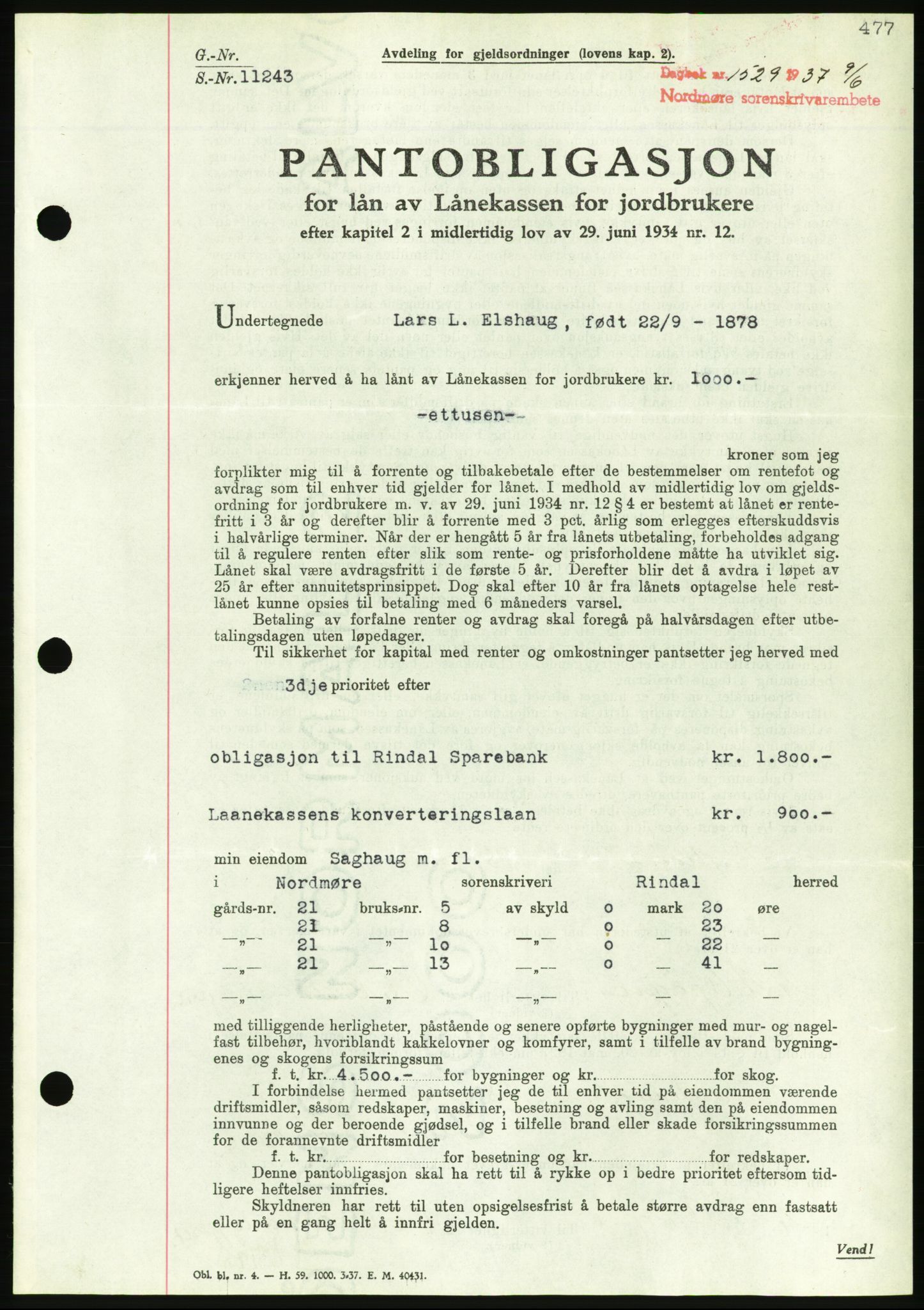 Nordmøre sorenskriveri, AV/SAT-A-4132/1/2/2Ca/L0091: Mortgage book no. B81, 1937-1937, Diary no: : 1529/1937