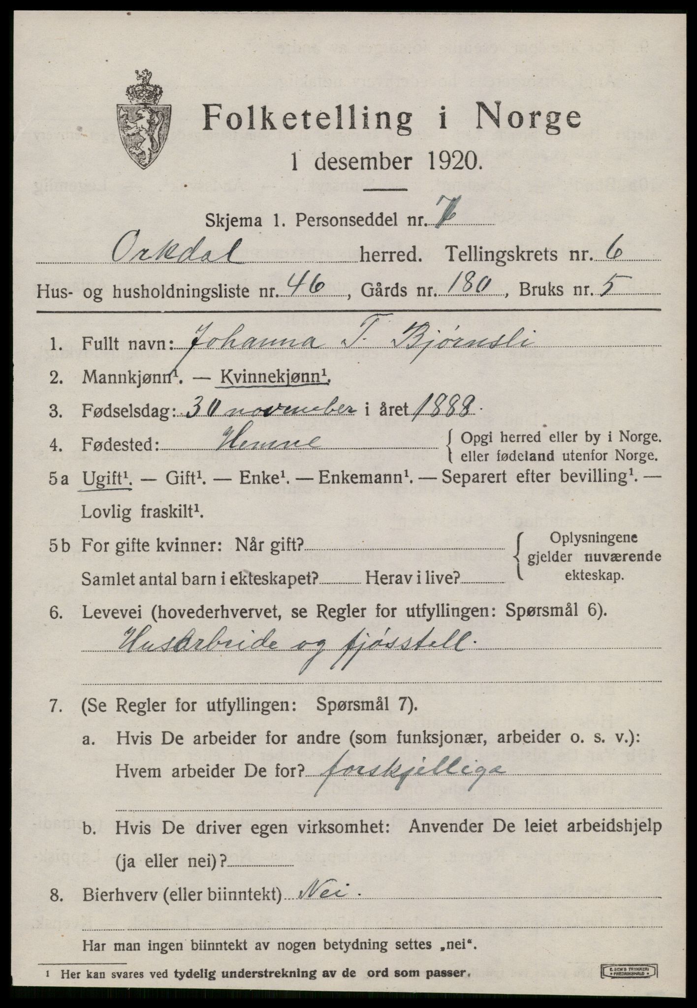 SAT, 1920 census for Orkdal, 1920, p. 5812