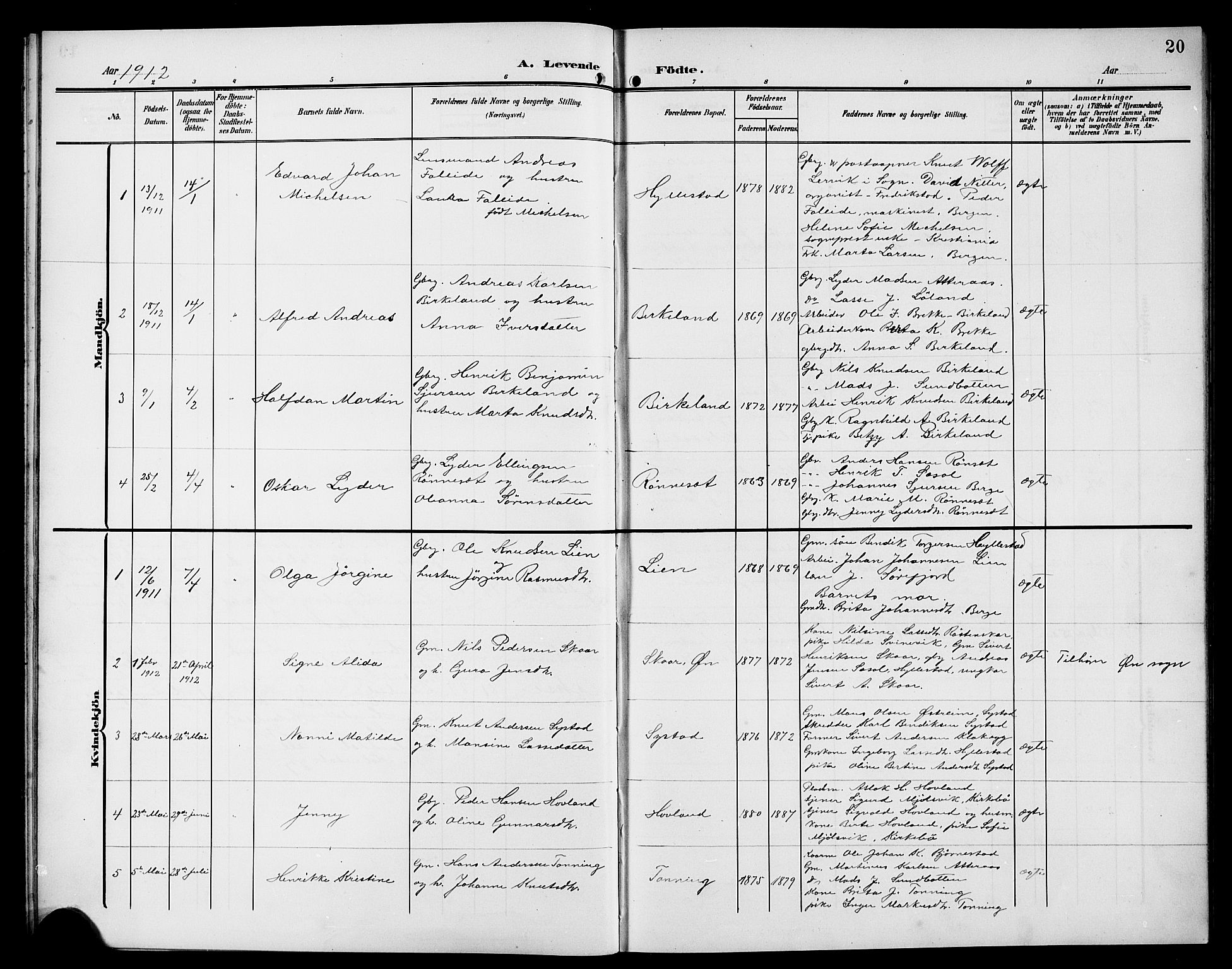 Hyllestad sokneprestembete, AV/SAB-A-80401: Parish register (copy) no. A 3, 1906-1925, p. 20