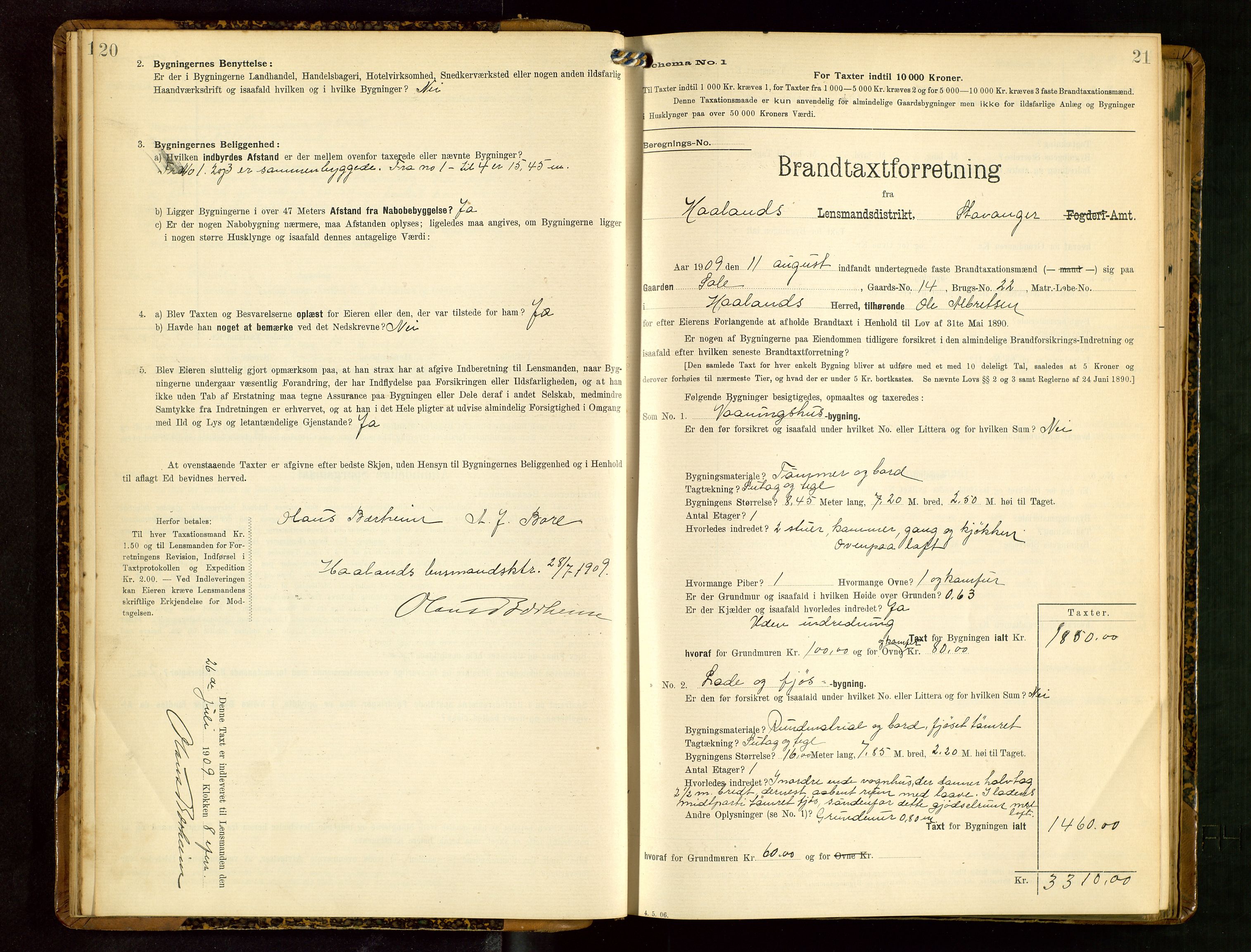 Håland lensmannskontor, AV/SAST-A-100100/Gob/L0003: Branntakstprotokoll - skjematakst. Register i boken., 1909-1910, p. 20-21