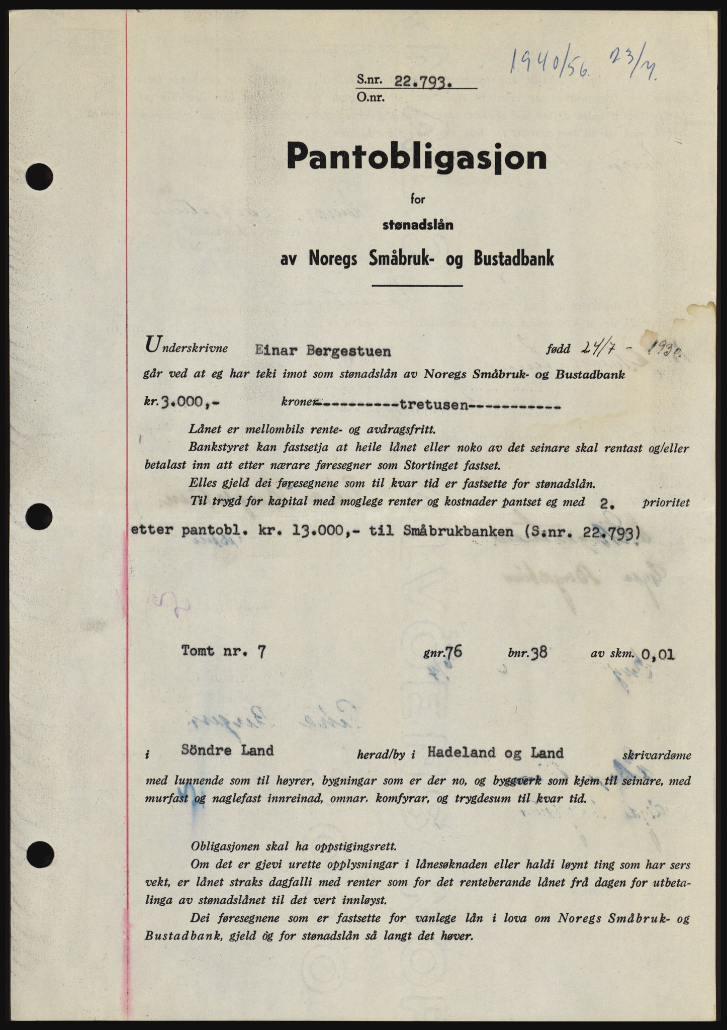 Hadeland og Land tingrett, SAH/TING-010/H/Hb/Hbc/L0034: Mortgage book no. B34, 1956-1956, Diary no: : 1940/1956