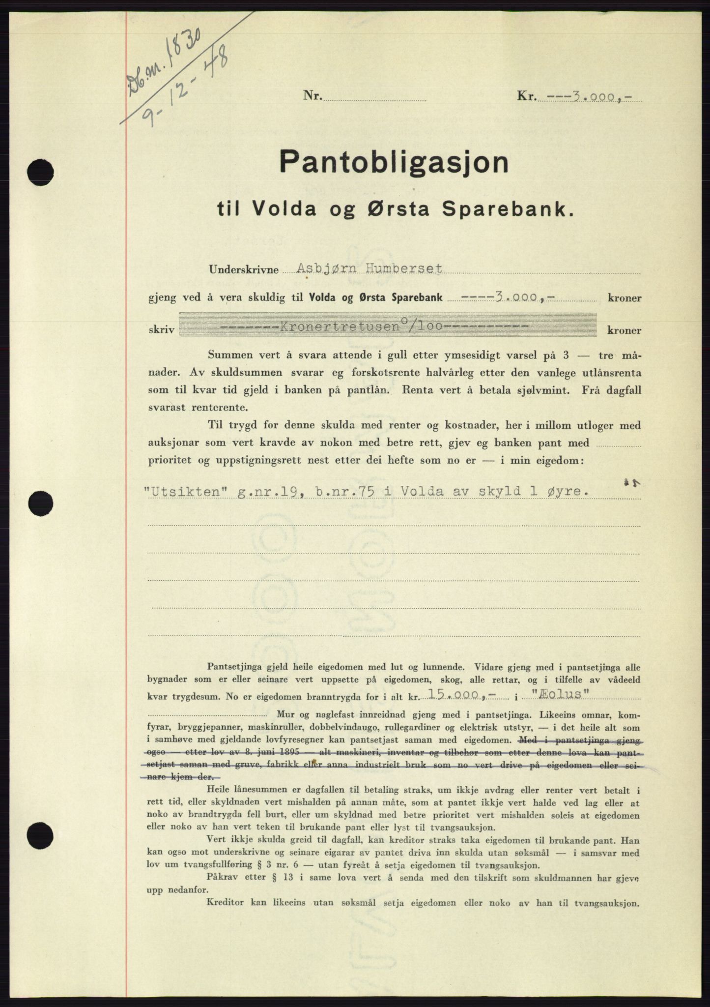 Søre Sunnmøre sorenskriveri, AV/SAT-A-4122/1/2/2C/L0116: Mortgage book no. 4B, 1948-1949, Diary no: : 1830/1948