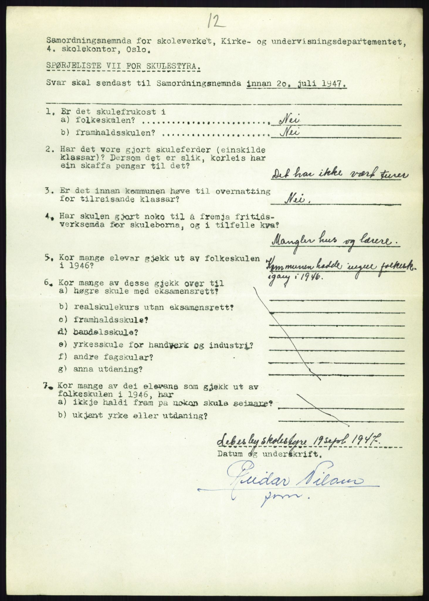 Kirke- og undervisningsdepartementet, Samordningsnemnda for skoleverket, AV/RA-S-1146/D/L0008: Svar på spørreskjema fra kommuner i Nord-Trøndelag, Nordland, Troms og Finnmark, 1947, p. 1092