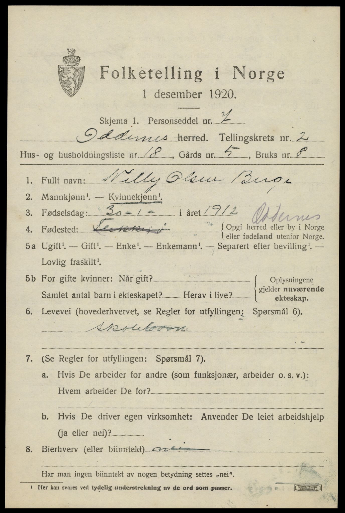 SAK, 1920 census for Oddernes, 1920, p. 3031