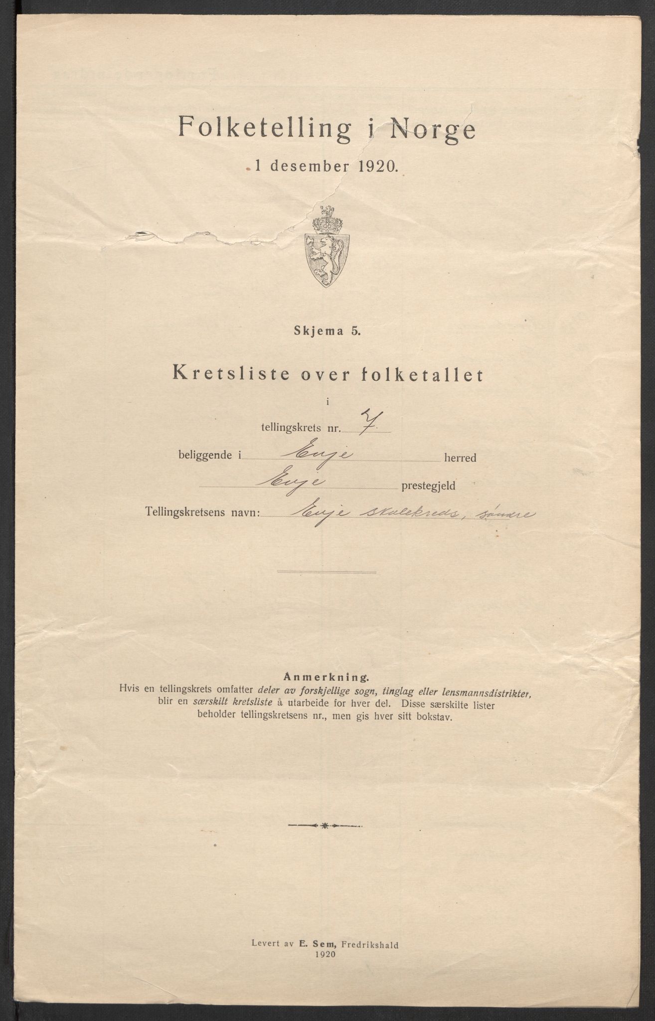 SAK, 1920 census for Evje, 1920, p. 32