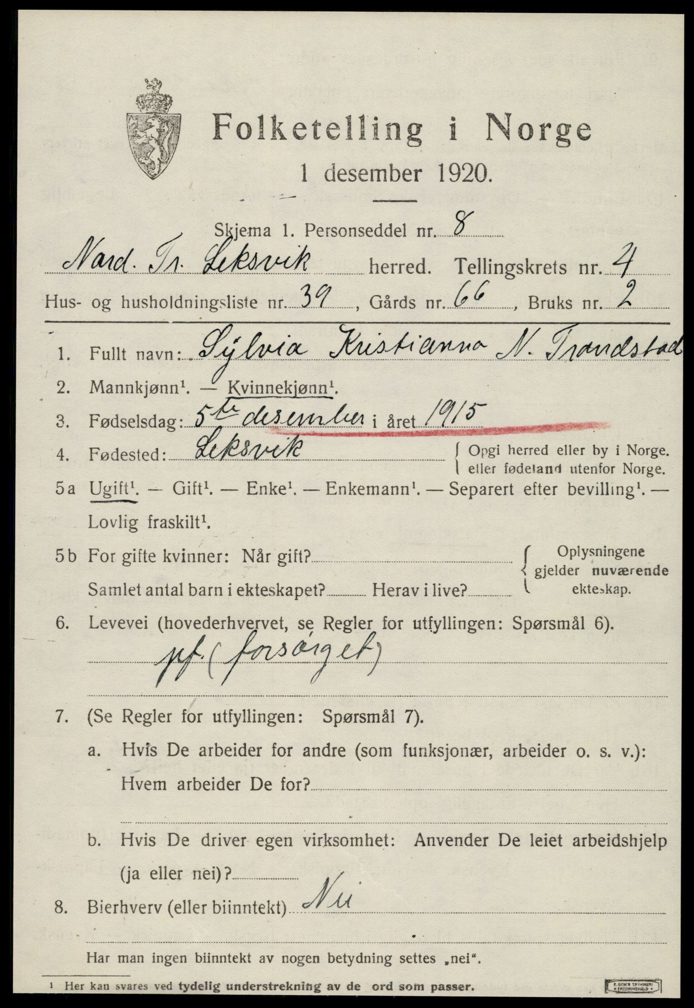 SAT, 1920 census for Leksvik, 1920, p. 4000