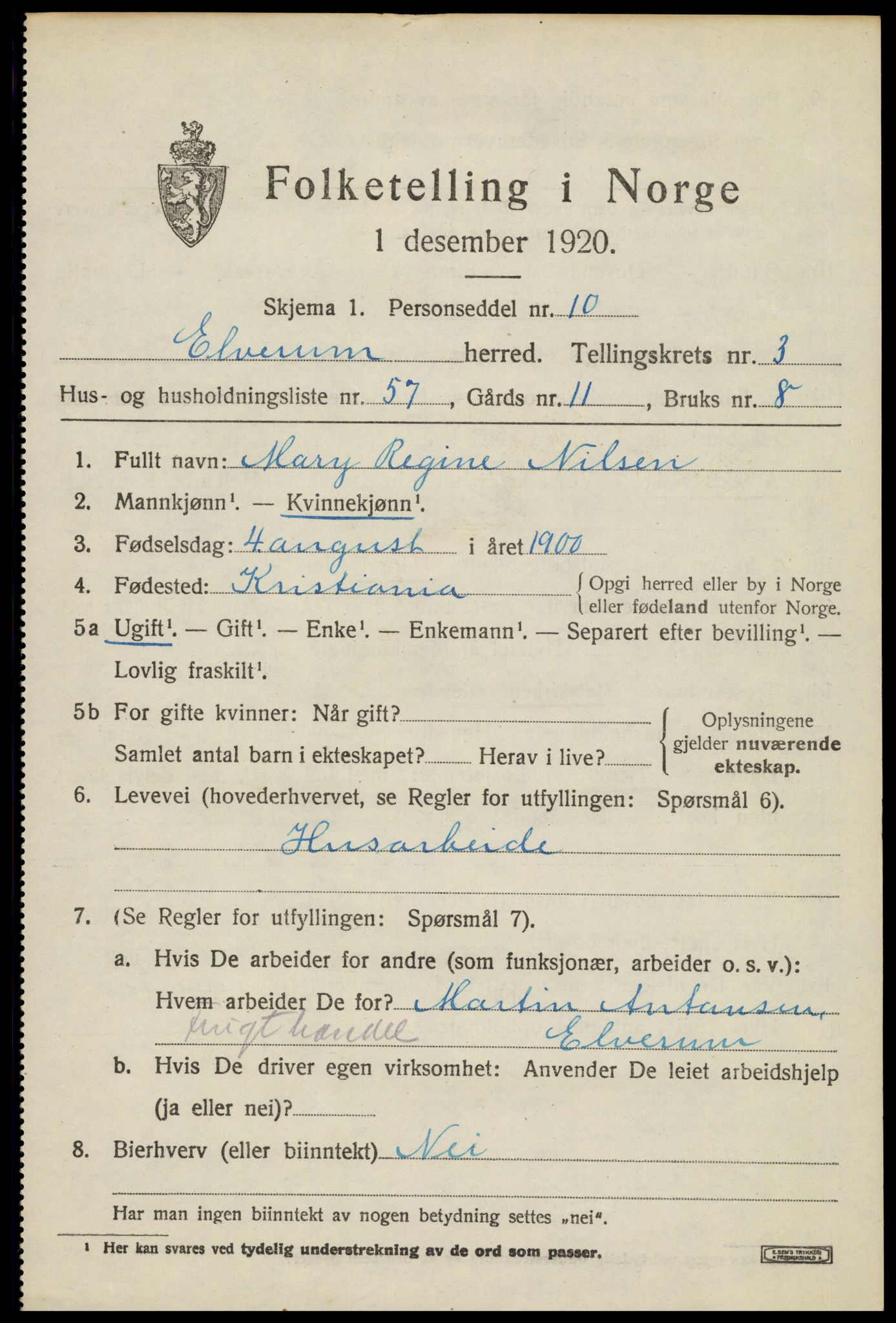 SAH, 1920 census for Elverum, 1920, p. 6634