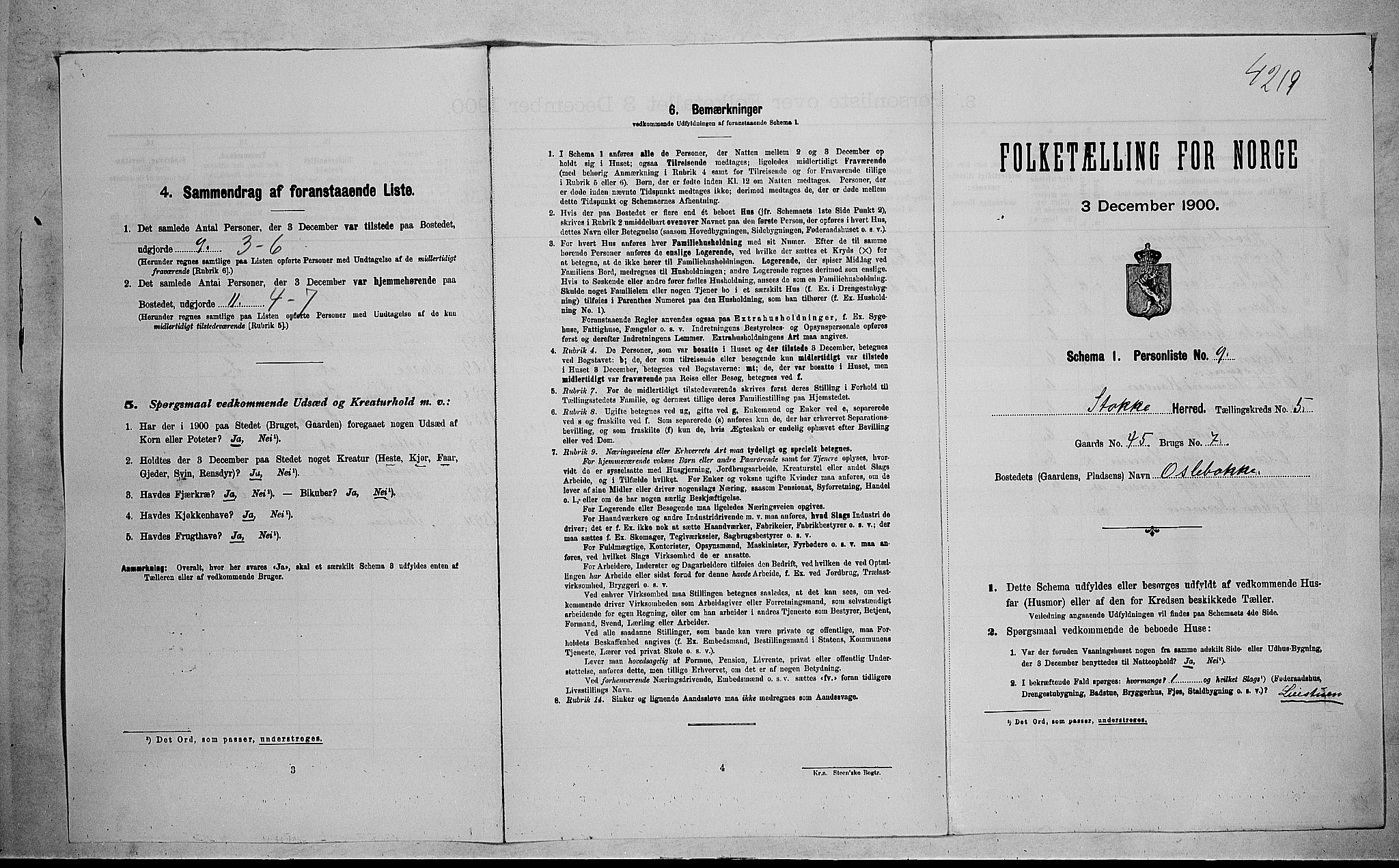 RA, 1900 census for Stokke, 1900, p. 998