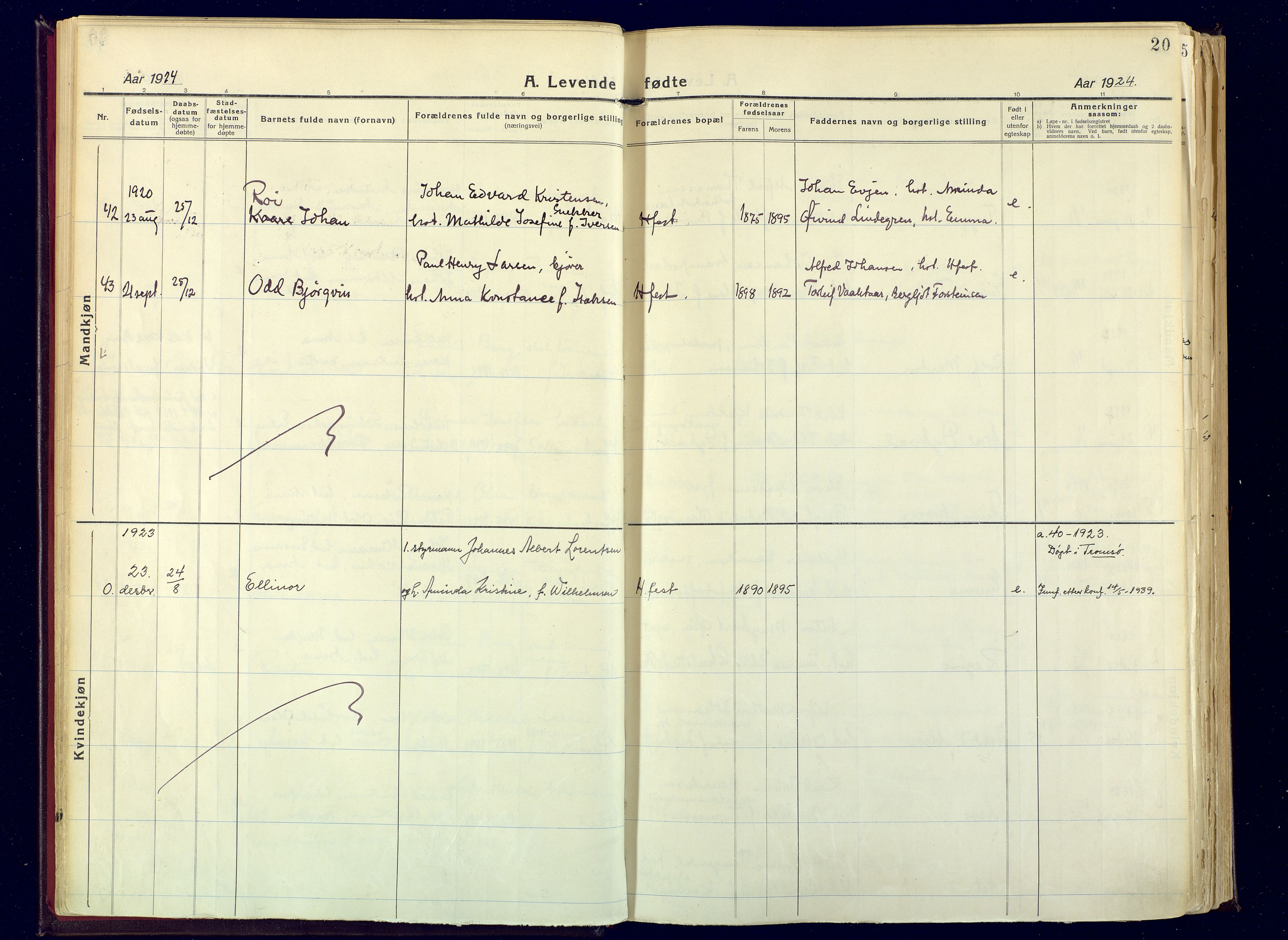 Hammerfest sokneprestkontor, AV/SATØ-S-1347/H/Ha/L0017.kirke: Parish register (official) no. 17, 1923-1933, p. 20