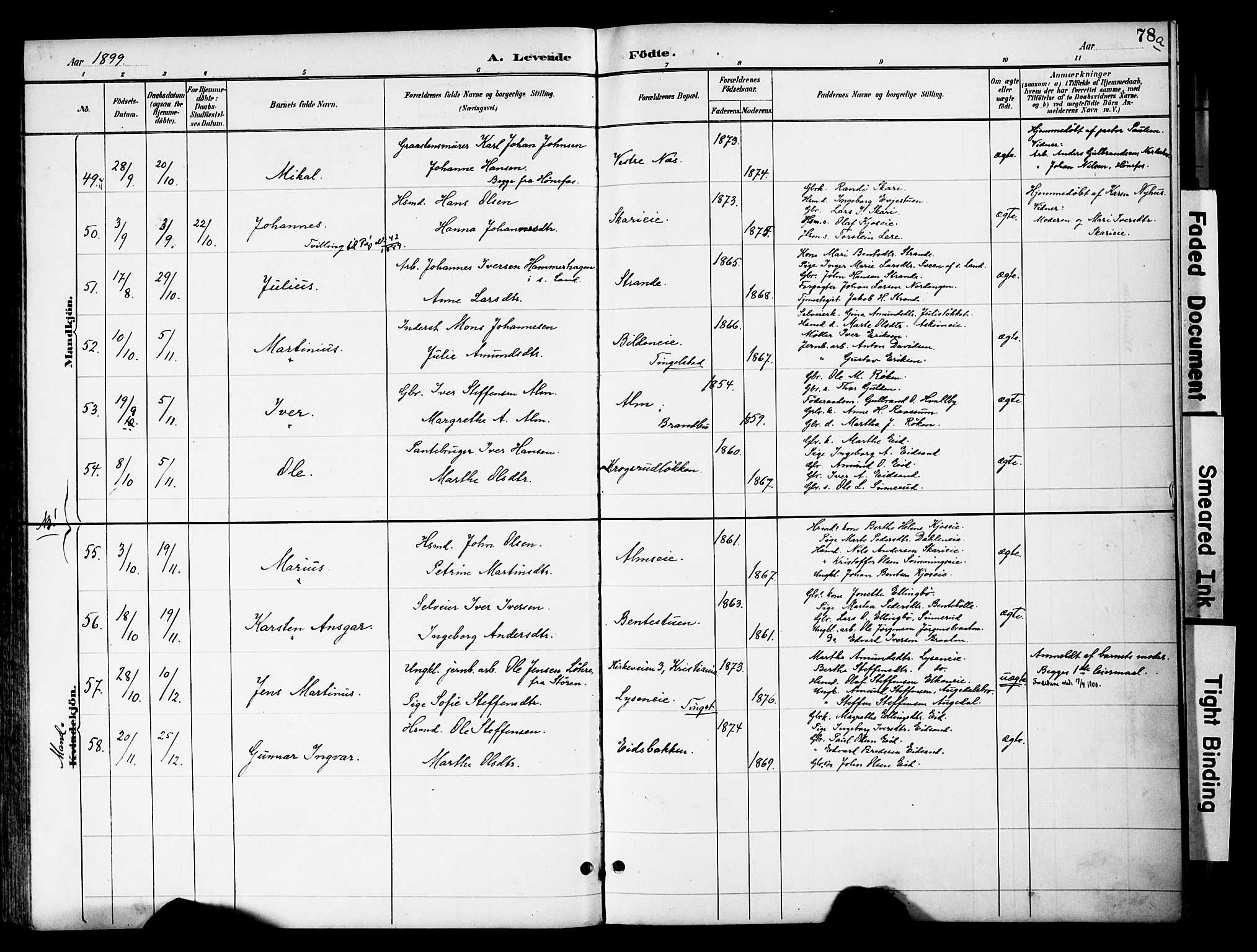 Gran prestekontor, SAH/PREST-112/H/Ha/Haa/L0020: Parish register (official) no. 20, 1889-1899, p. 78