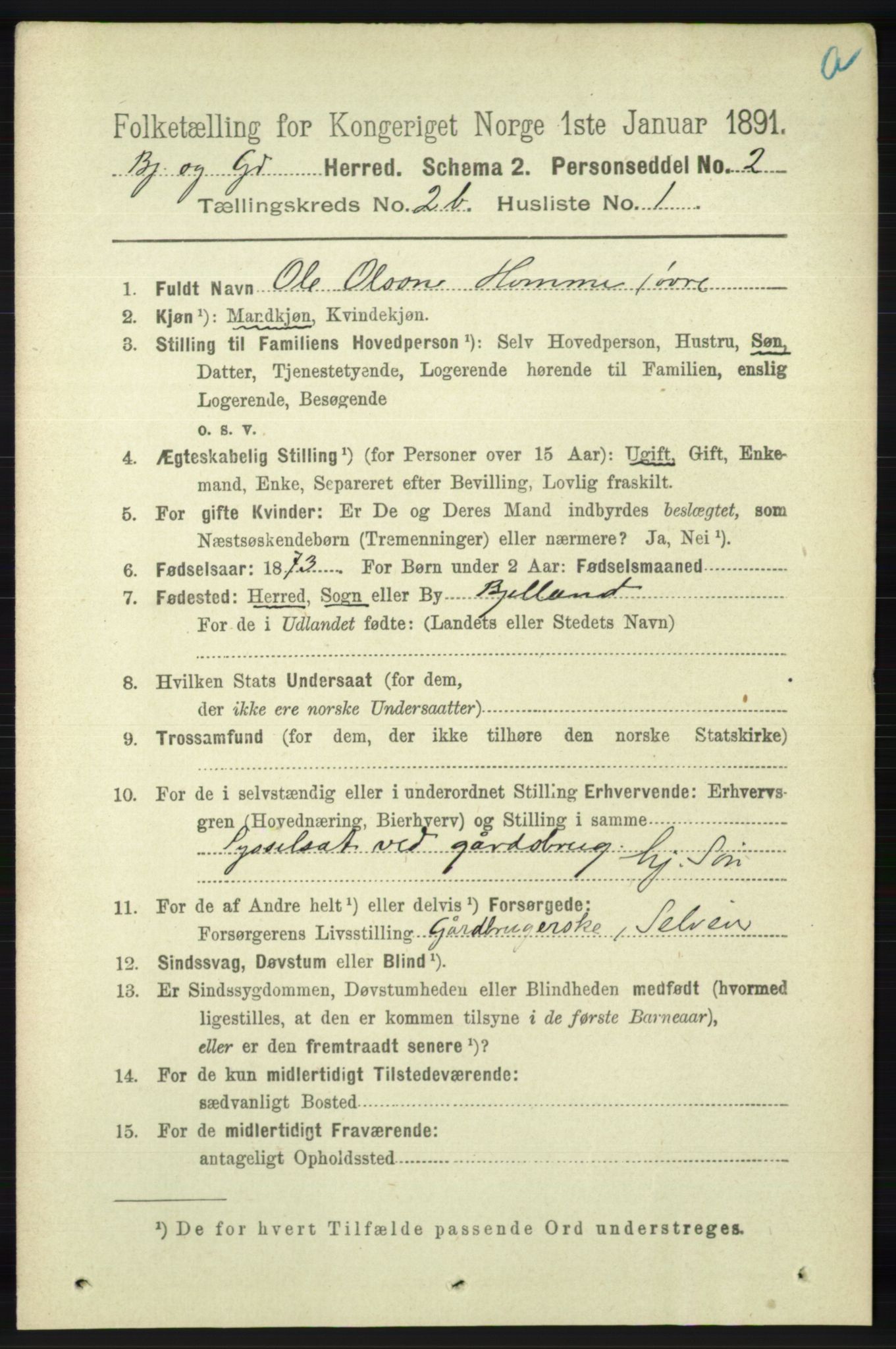 RA, 1891 census for 1024 Bjelland og Grindheim, 1891, p. 1130