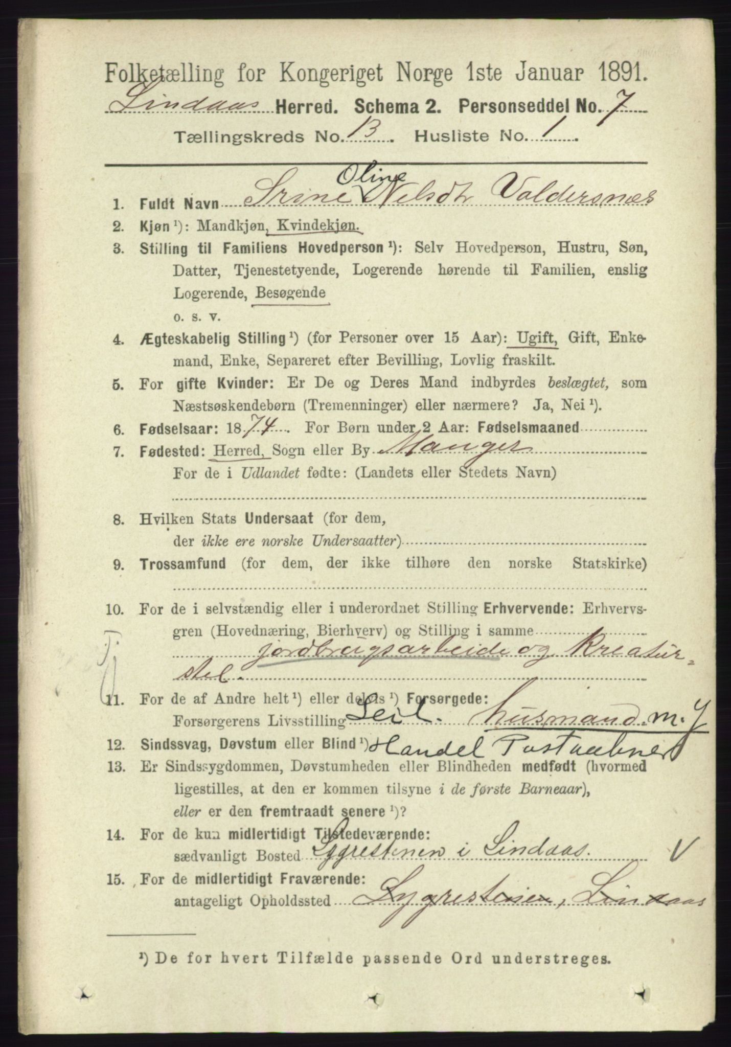 RA, 1891 census for 1263 Lindås, 1891, p. 4548