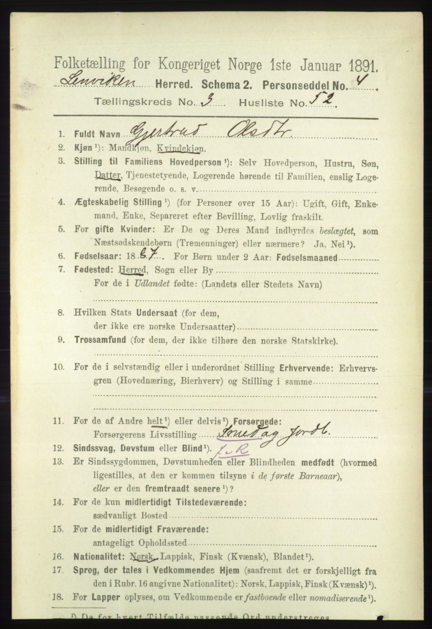 RA, 1891 census for 1931 Lenvik, 1891, p. 1708