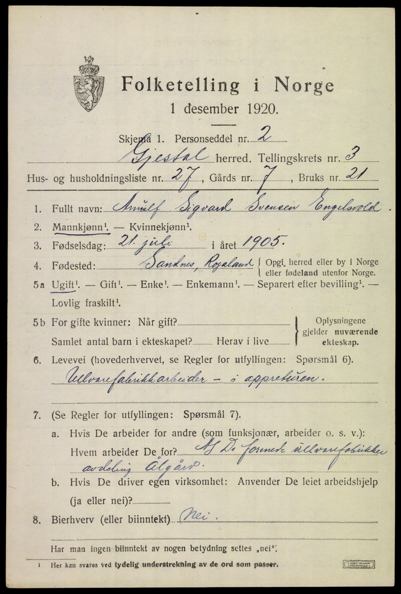 SAST, 1920 census for Gjesdal, 1920, p. 2520