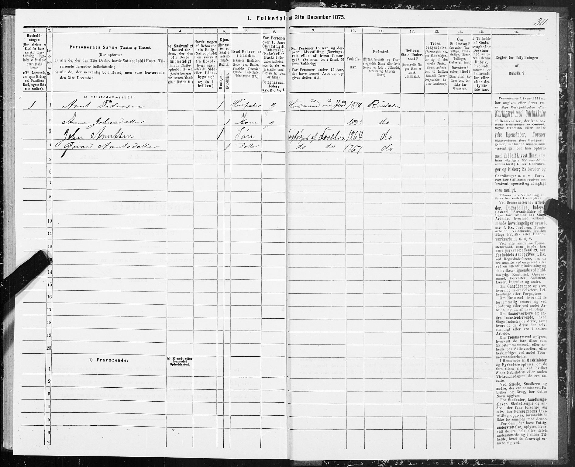 SAT, 1875 census for 1567P Rindal, 1875, p. 1311