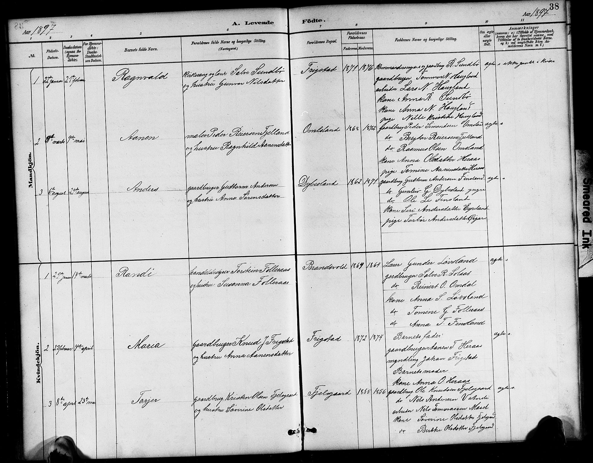 Bjelland sokneprestkontor, SAK/1111-0005/F/Fb/Fbb/L0005: Parish register (copy) no. B 5, 1887-1918, p. 38