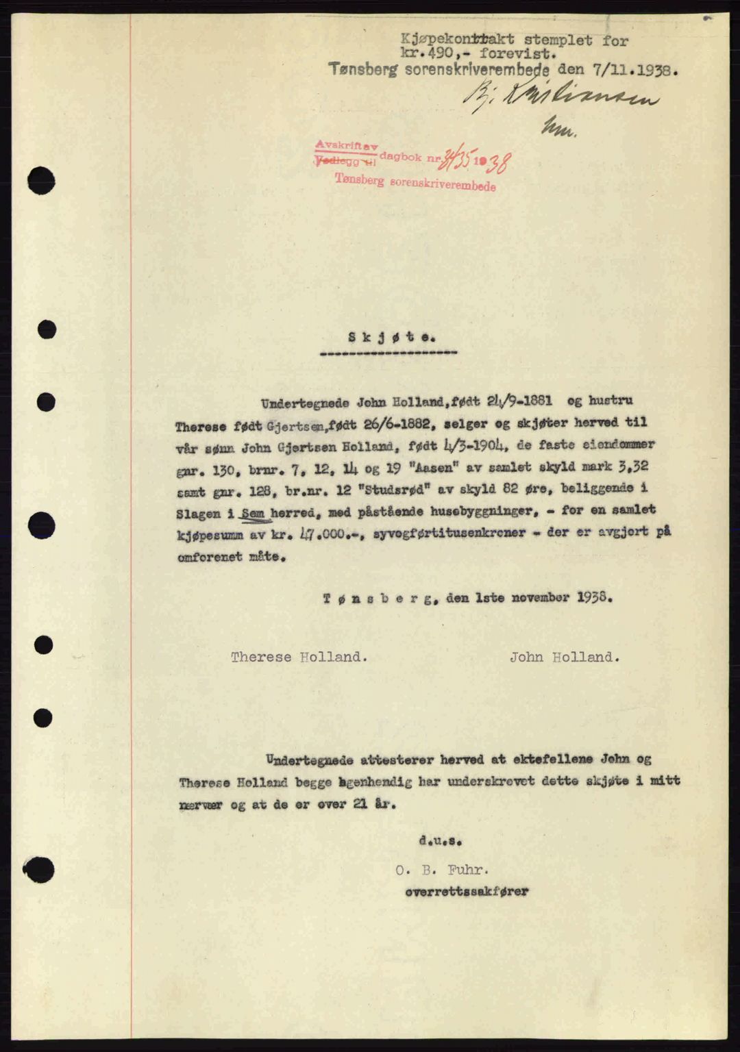 Jarlsberg sorenskriveri, SAKO/A-131/G/Ga/Gaa/L0006: Mortgage book no. A-6, 1938-1939, Diary no: : 3435/1938
