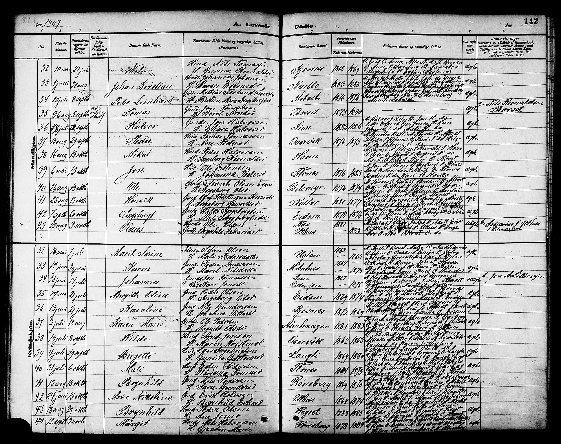 Ministerialprotokoller, klokkerbøker og fødselsregistre - Sør-Trøndelag, SAT/A-1456/695/L1157: Parish register (copy) no. 695C08, 1889-1913, p. 142