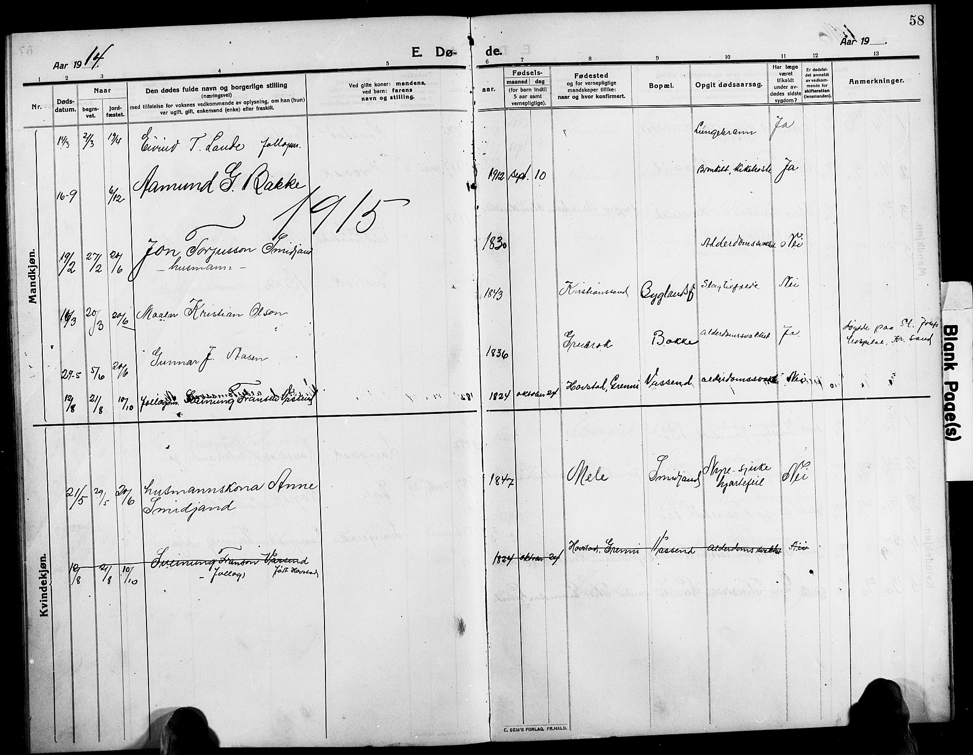 Bygland sokneprestkontor, SAK/1111-0006/F/Fb/Fbd/L0003: Parish register (copy) no. B 3, 1910-1926, p. 58