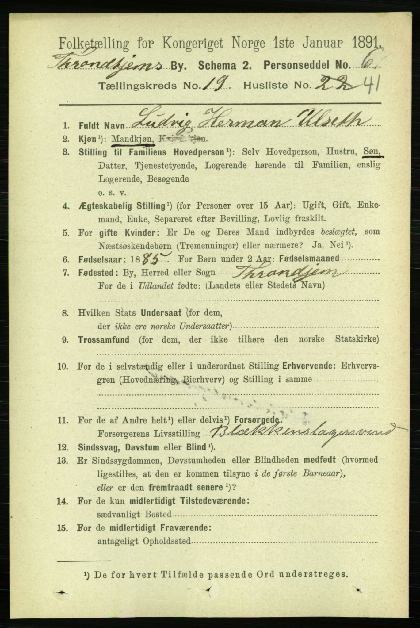 RA, 1891 census for 1601 Trondheim, 1891, p. 15085