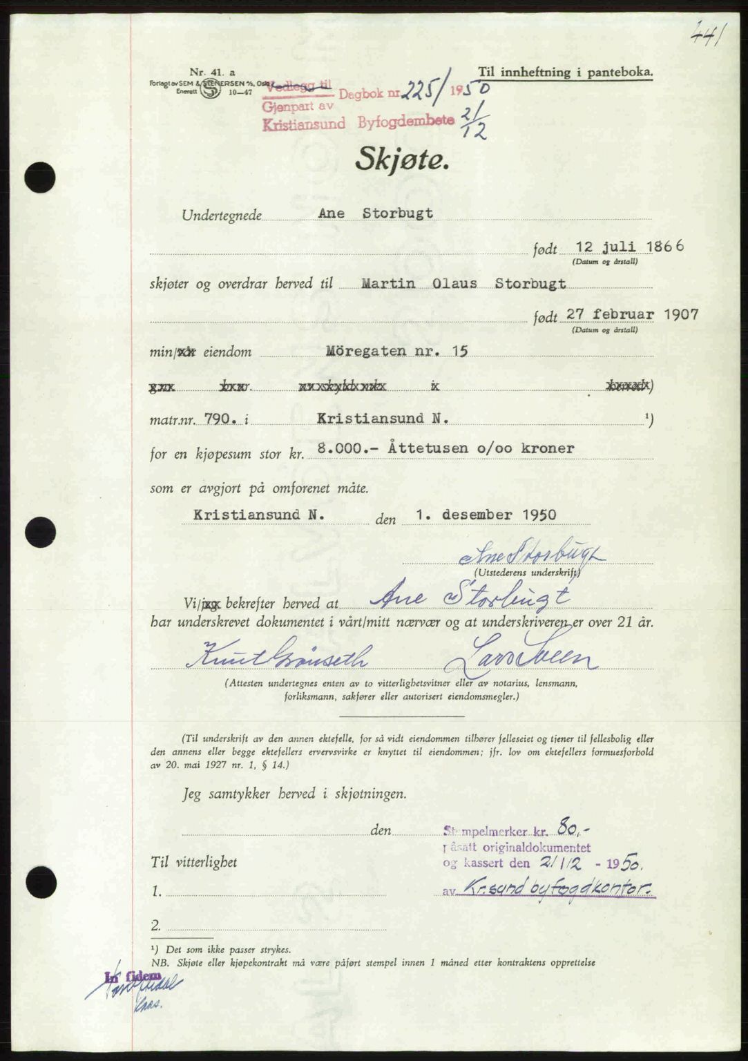 Kristiansund byfogd, AV/SAT-A-4587/A/27: Mortgage book no. 46, 1949-1950, Diary no: : 2251/1950