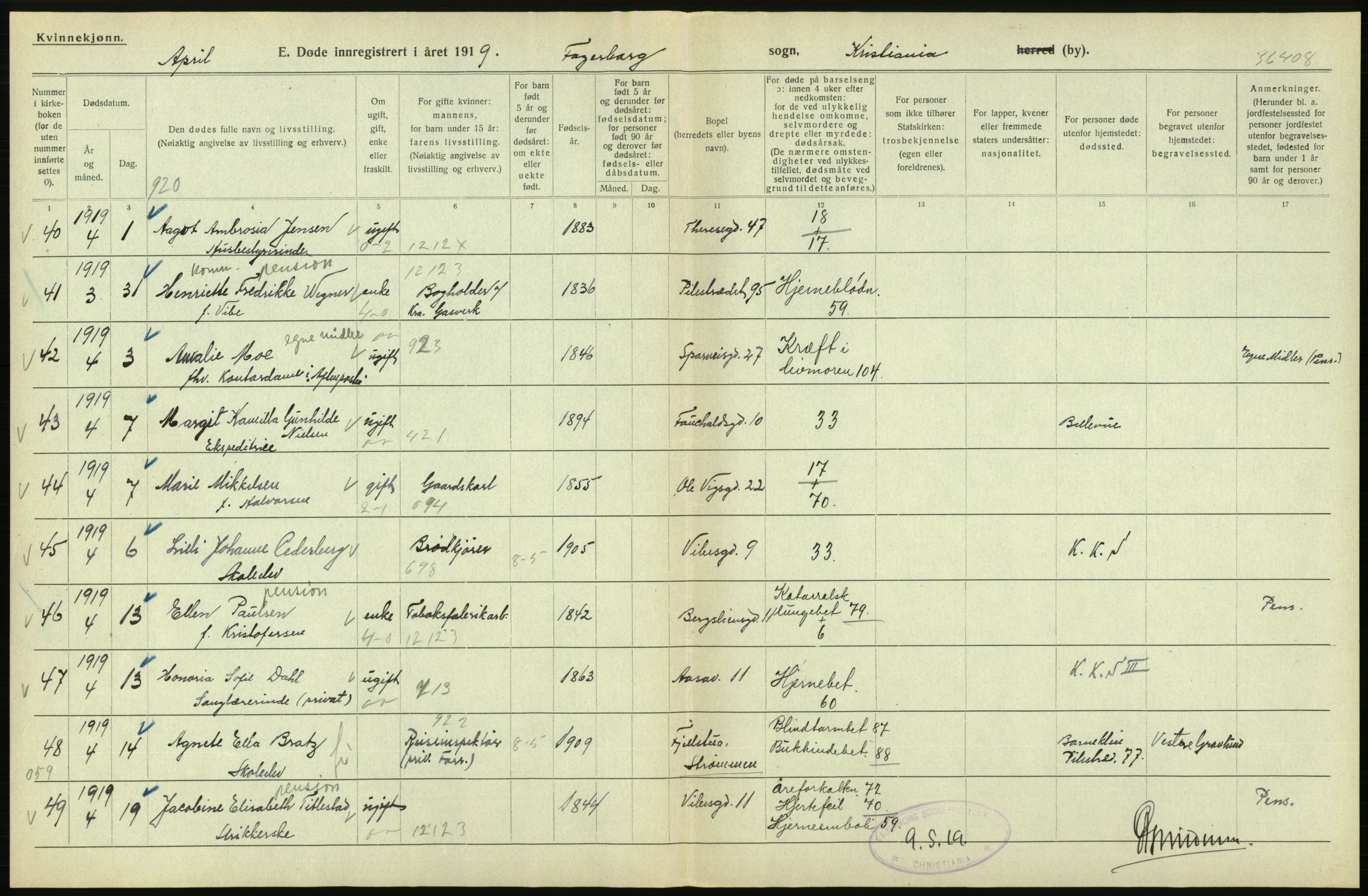 Statistisk sentralbyrå, Sosiodemografiske emner, Befolkning, AV/RA-S-2228/D/Df/Dfb/Dfbi/L0011: Kristiania: Døde, dødfødte, 1919