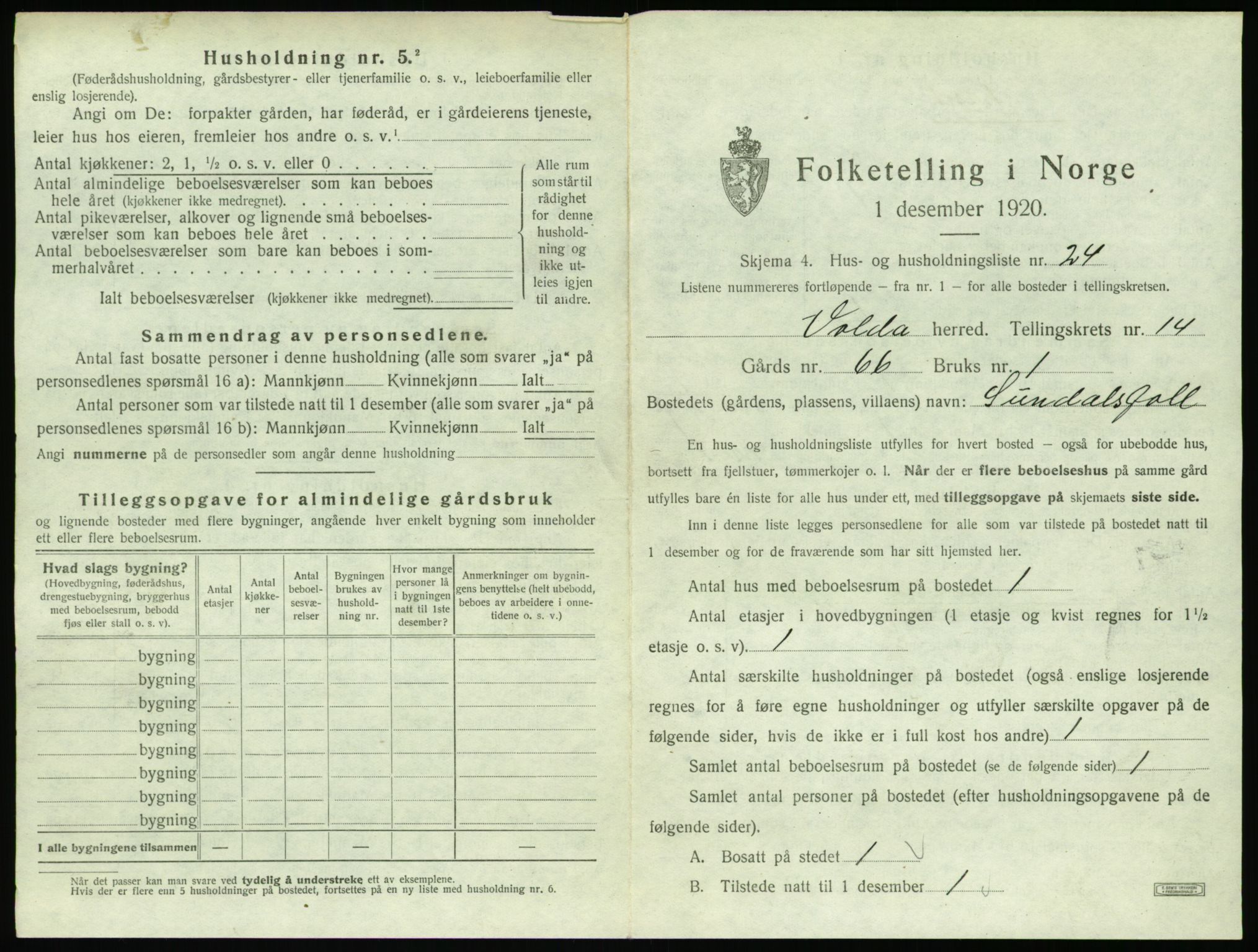 SAT, 1920 census for Volda, 1920, p. 1144