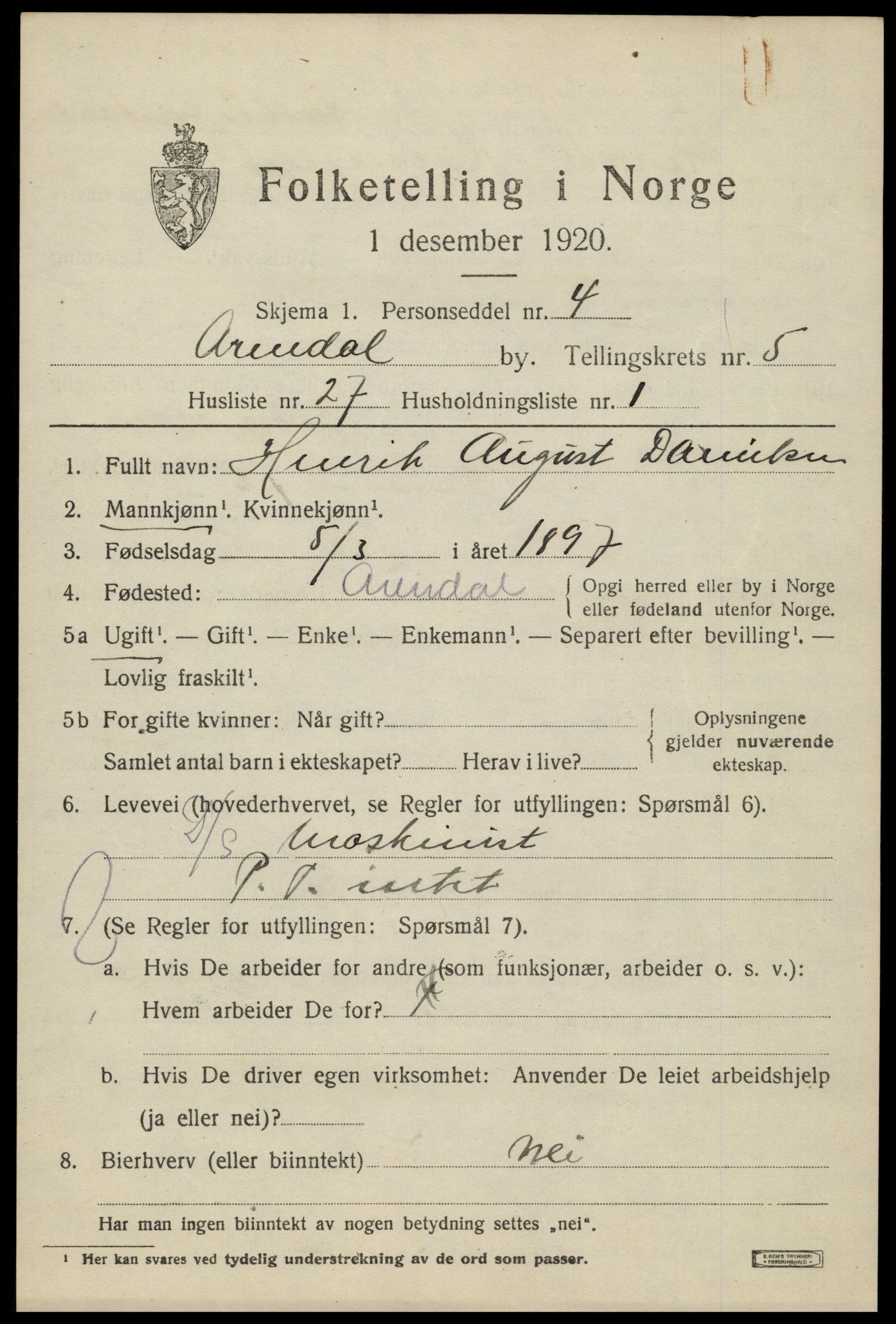 SAK, 1920 census for Arendal, 1920, p. 12926