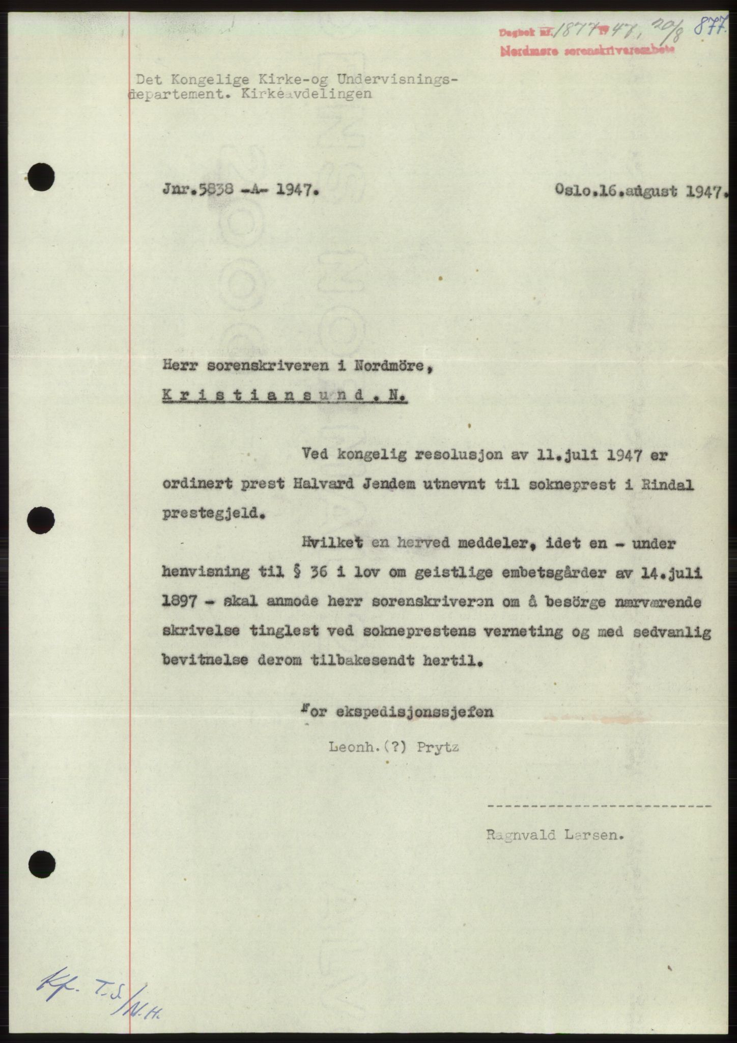 Nordmøre sorenskriveri, AV/SAT-A-4132/1/2/2Ca: Mortgage book no. B96, 1947-1947, Diary no: : 1877/1947