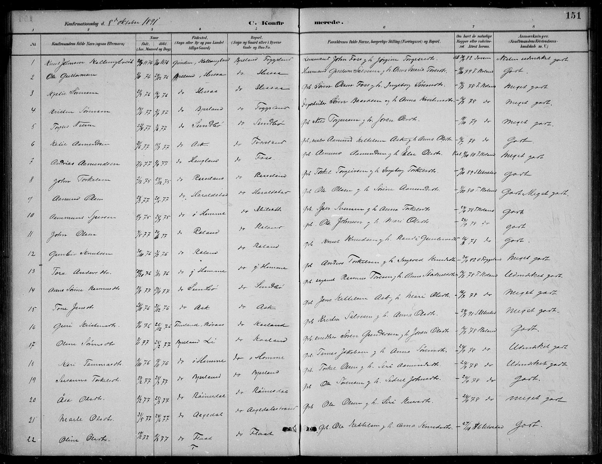 Bjelland sokneprestkontor, SAK/1111-0005/F/Fb/Fba/L0005: Parish register (copy) no. B 5, 1887-1923, p. 151