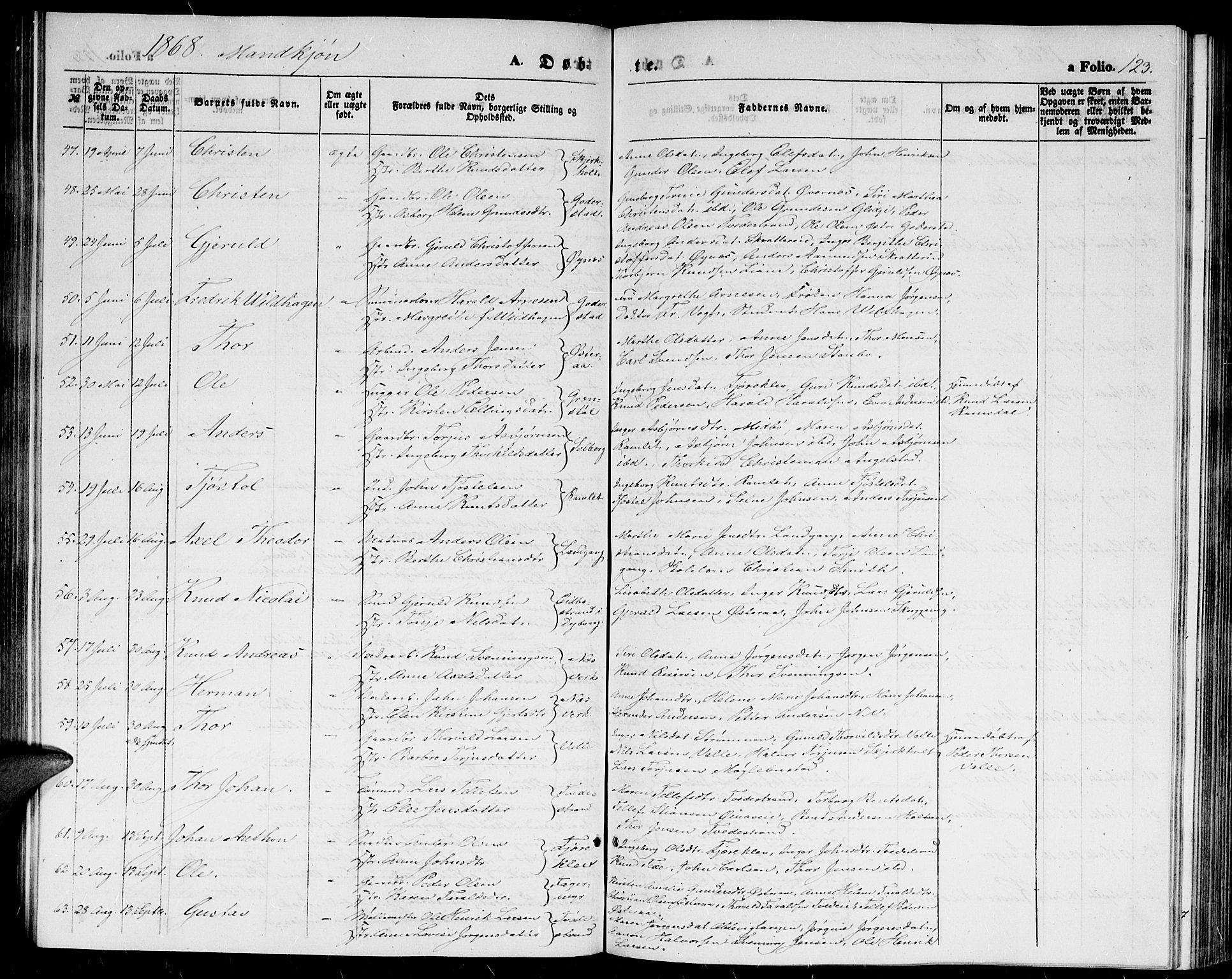 Holt sokneprestkontor, AV/SAK-1111-0021/F/Fb/L0008: Parish register (copy) no. B 8, 1858-1871, p. 123