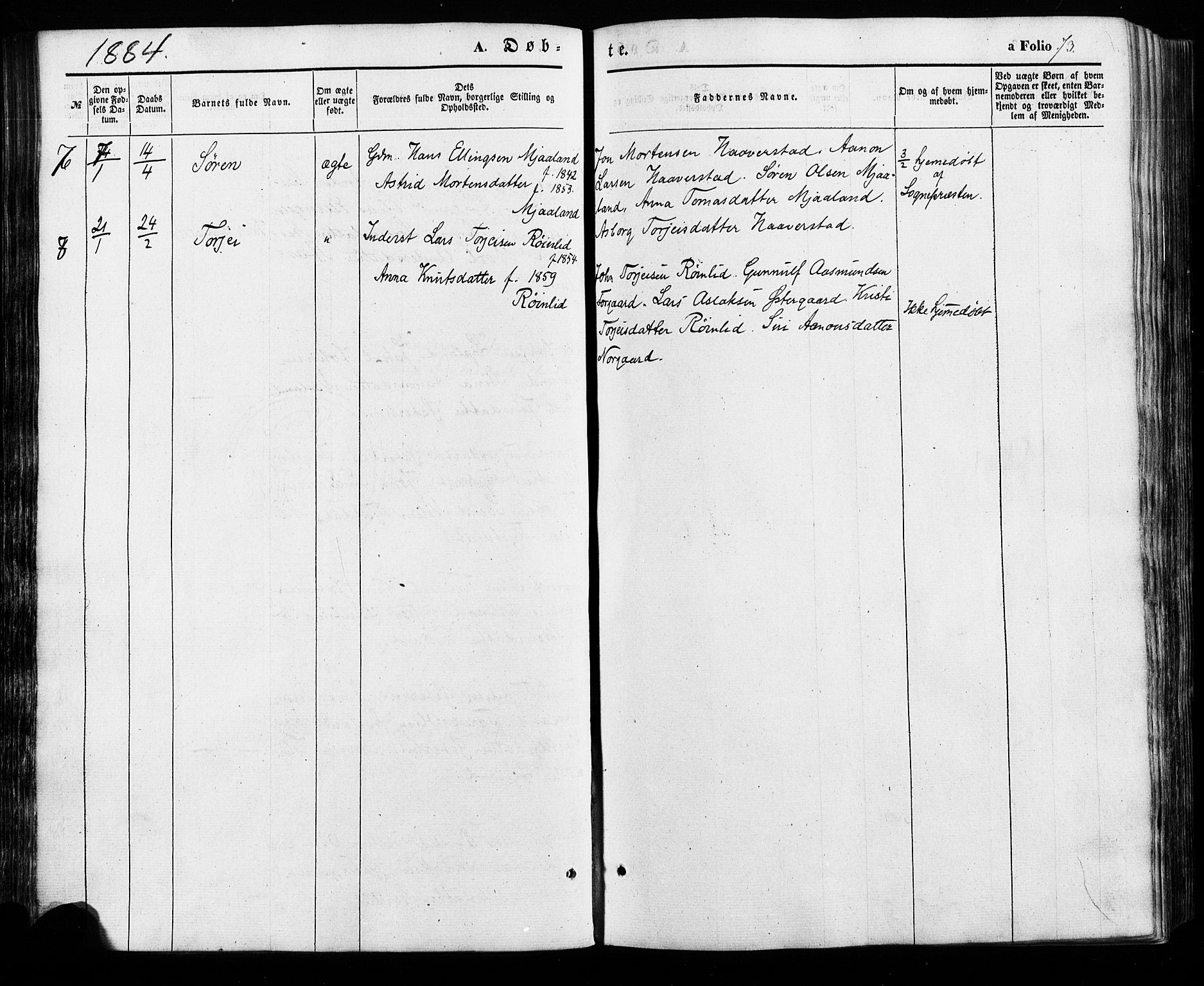 Åseral sokneprestkontor, AV/SAK-1111-0051/F/Fa/L0002: Parish register (official) no. A 2, 1854-1884, p. 73
