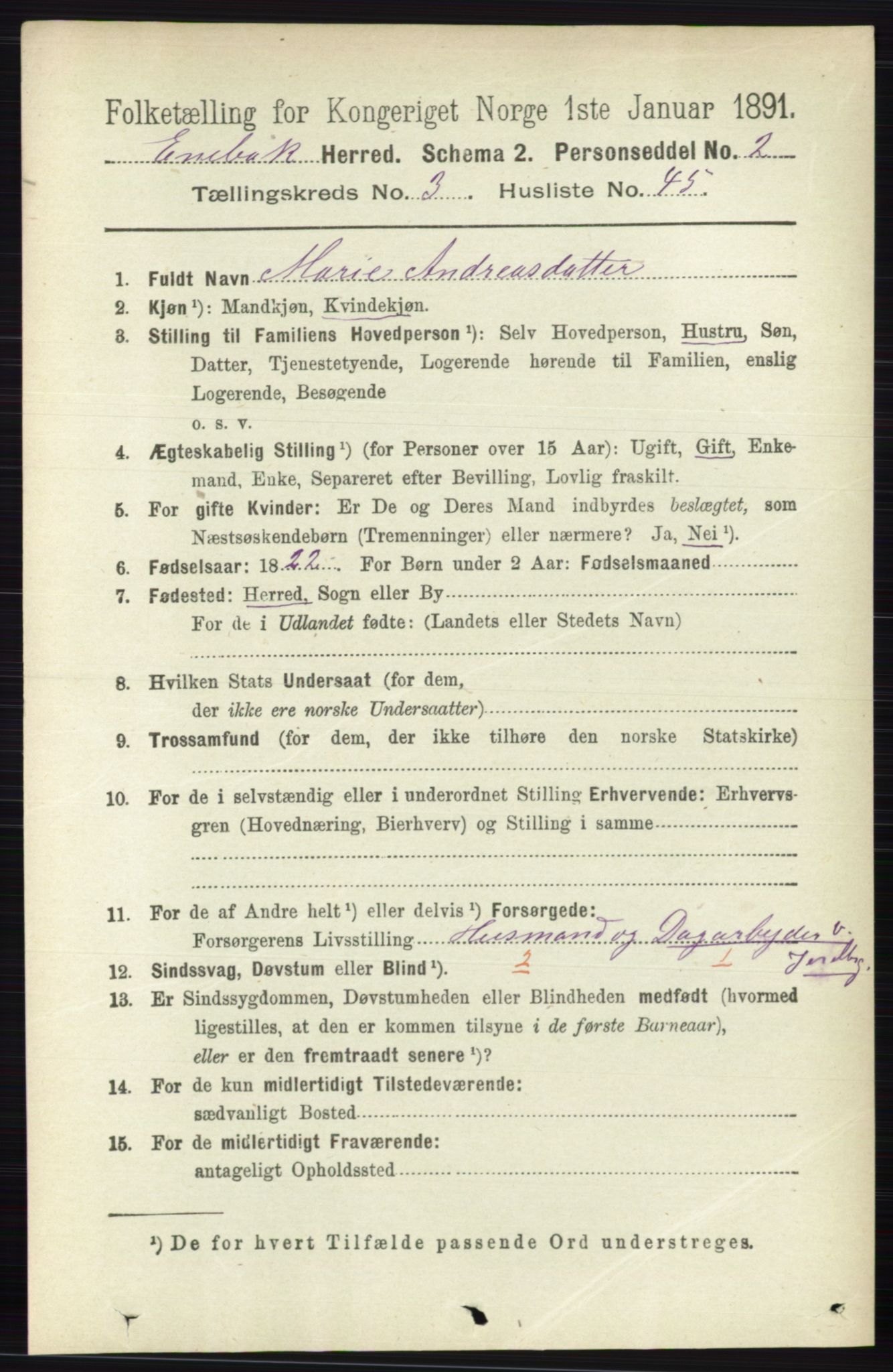 RA, 1891 census for 0229 Enebakk, 1891, p. 1404