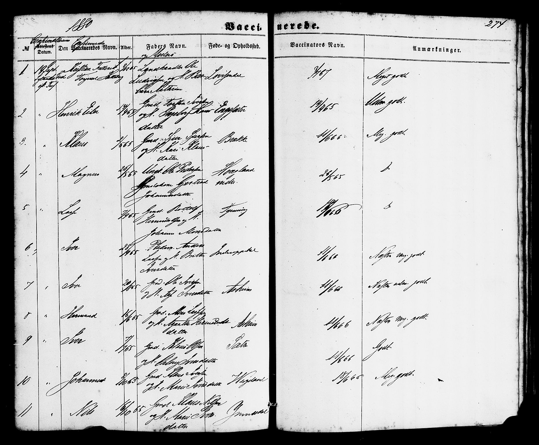 Gulen sokneprestembete, SAB/A-80201/H/Haa/Haac/L0001: Parish register (official) no. C 1, 1859-1881, p. 274