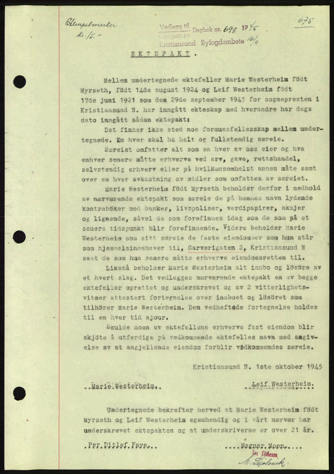 Kristiansund byfogd, SAT/A-4587/A/27: Mortgage book no. 37-38, 1943-1945, Diary no: : 698/1945